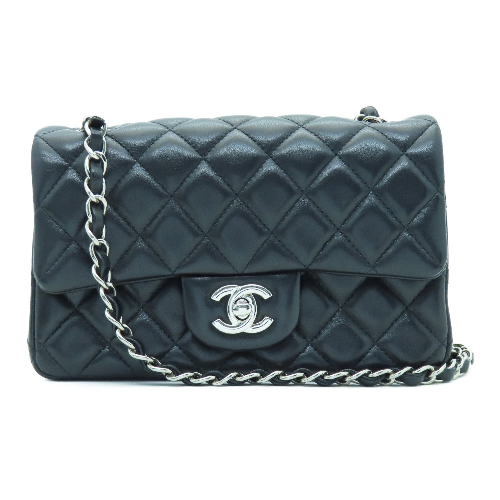 CHANEL 菱格羊皮皮革Chain Shoulder銀扣鏈帶肩背袋黑色