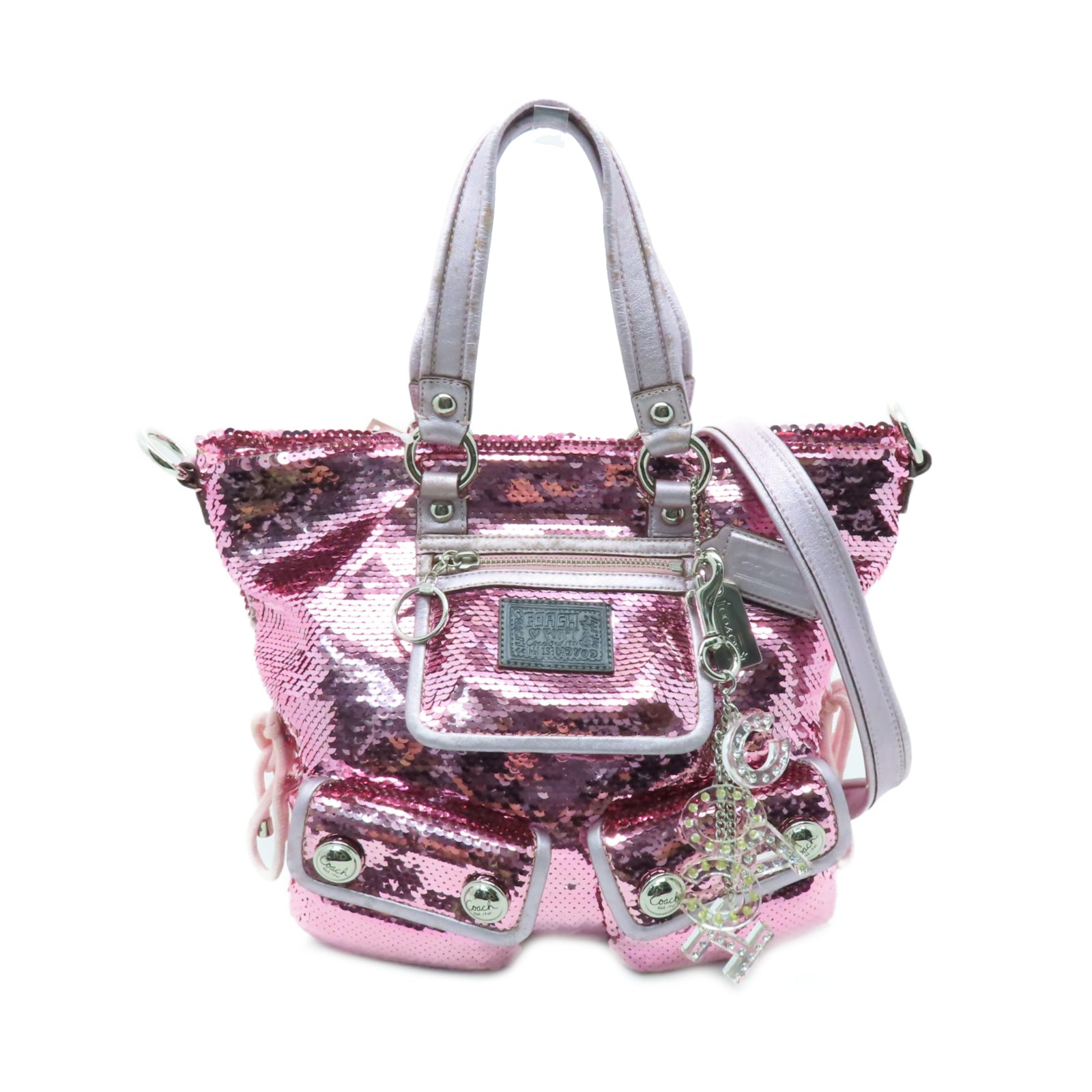 COACH 亮片Poppy Sequin Spotlight銀扣手挽肩背兩用袋粉紅色