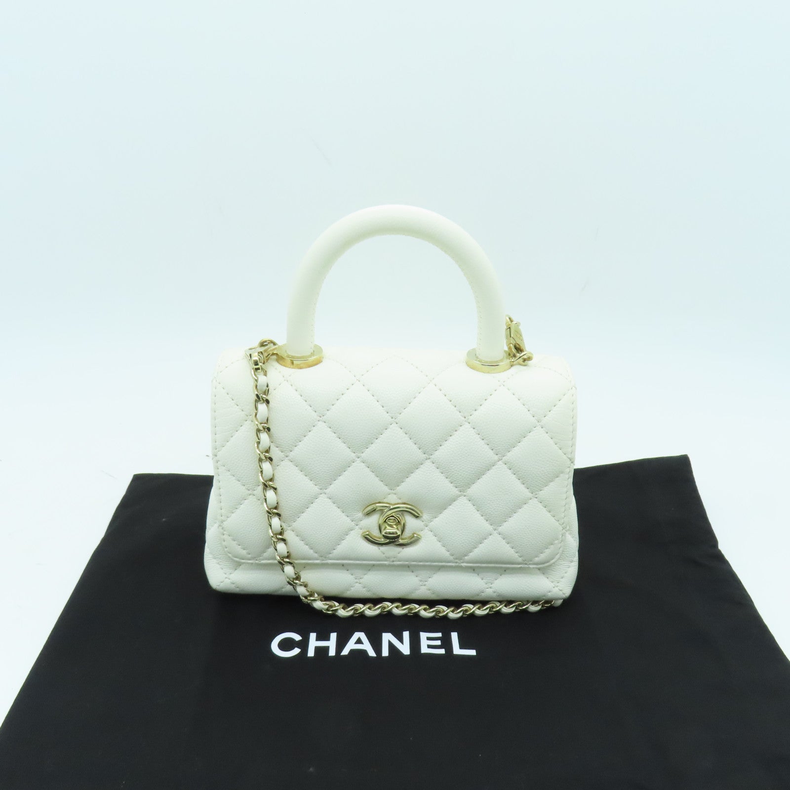 CHANEL 菱格Caviar皮革Mini Coco Handle金扣鏈帶肩背袋白色