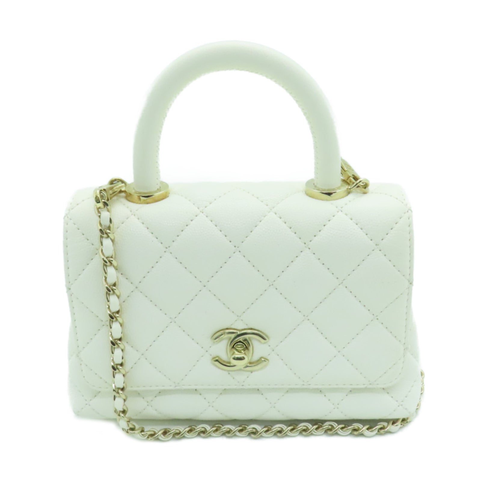 CHANEL 菱格Caviar皮革Mini Coco Handle金扣鏈帶肩背袋白色