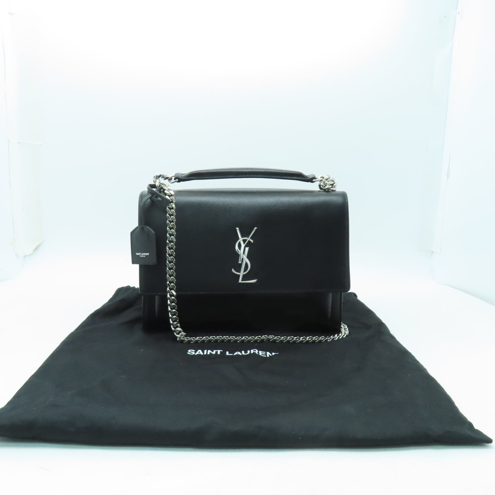 SAINT LAURENT 牛皮皮革Chain Shoulder銀扣鏈帶肩背袋黑色