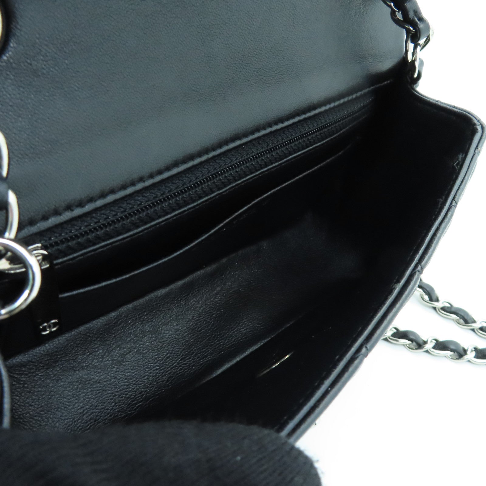 CHANEL 菱格羊皮皮革Chain Shoulder銀扣鏈帶肩背袋黑色