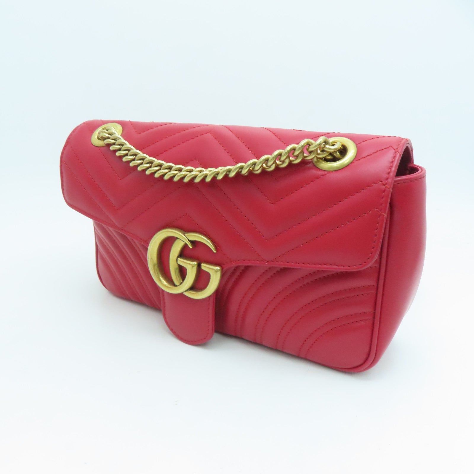 GUCCI 牛皮皮革GG Marmont Shoulder Bag金扣錬帶肩背袋紅色