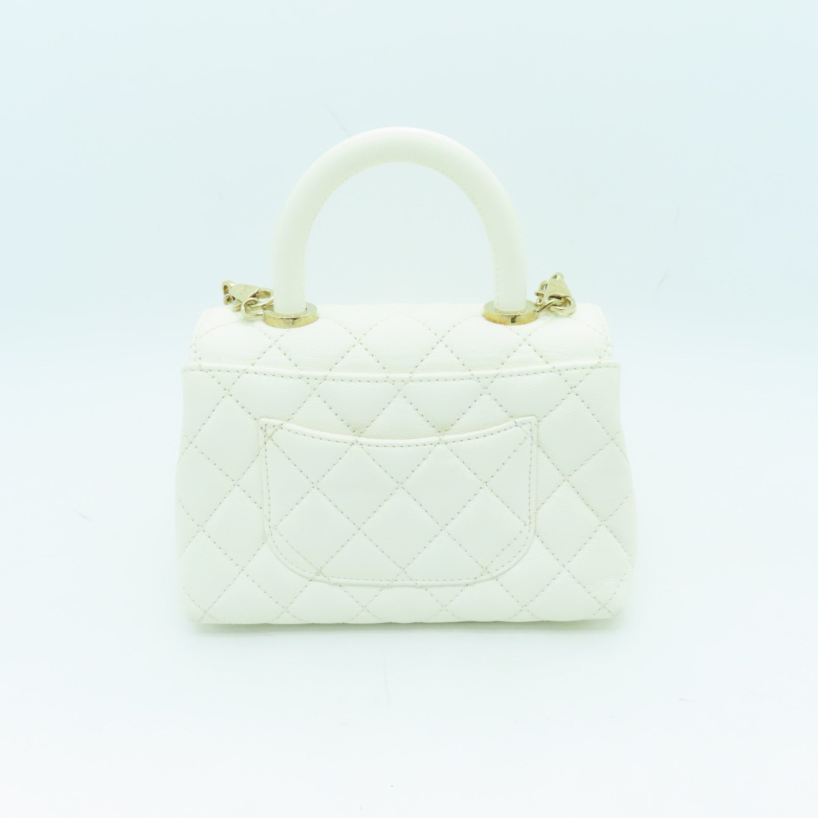 CHANEL 菱格Caviar皮革Mini Coco Handle金扣鏈帶肩背袋白色