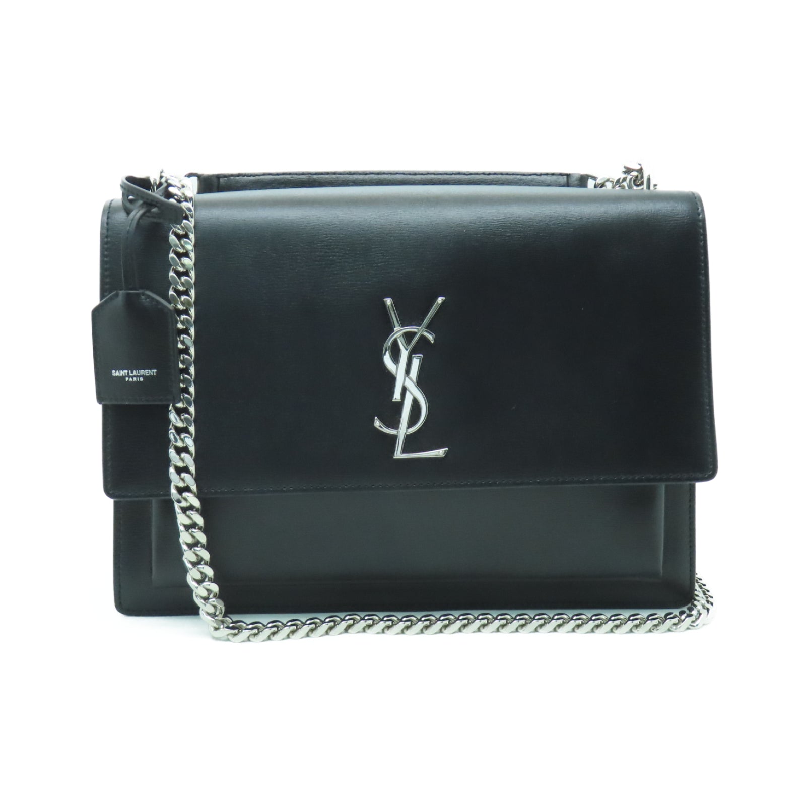 SAINT LAURENT 牛皮皮革Chain Shoulder銀扣鏈帶肩背袋黑色