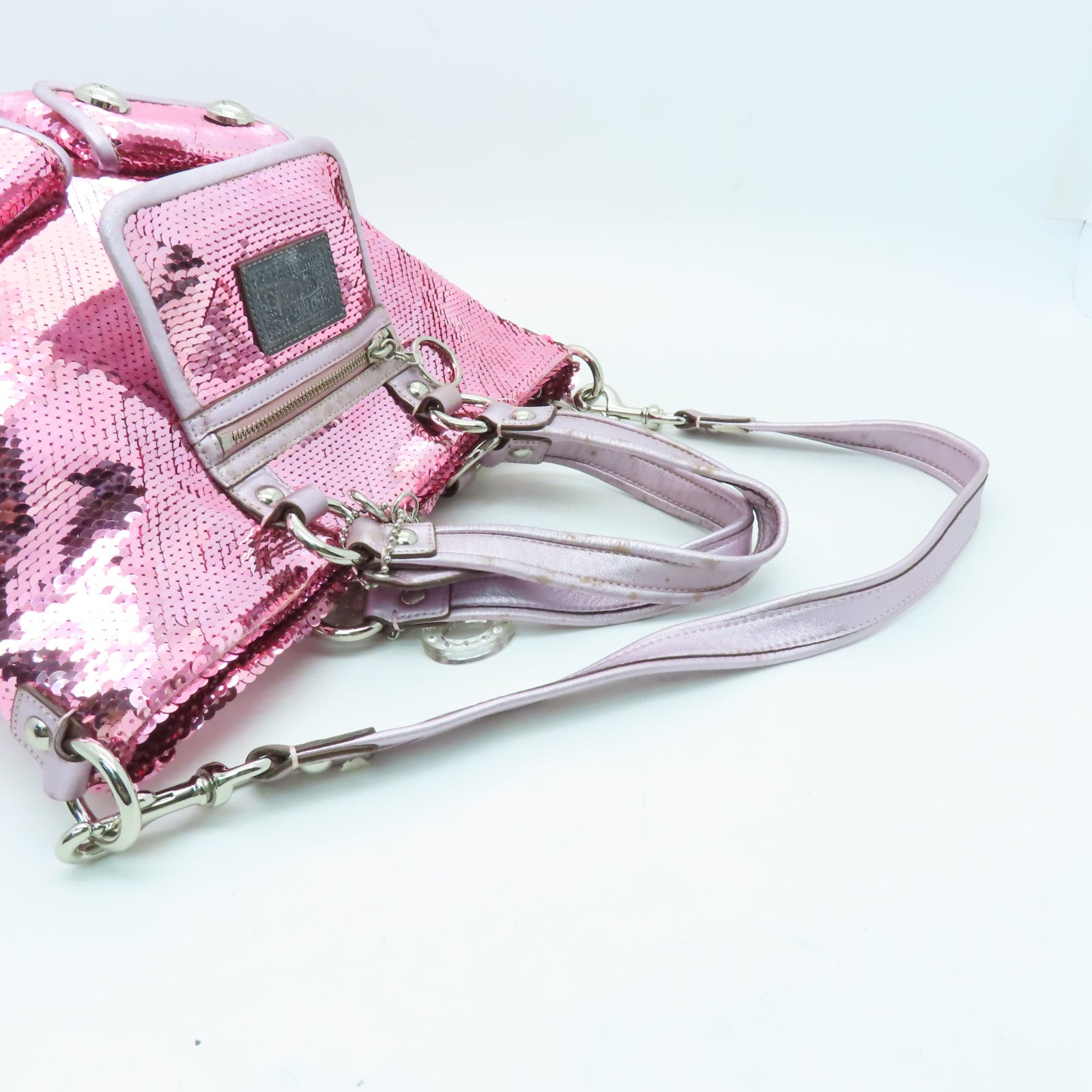 COACH 亮片Poppy Sequin Spotlight銀扣手挽肩背兩用袋粉紅色