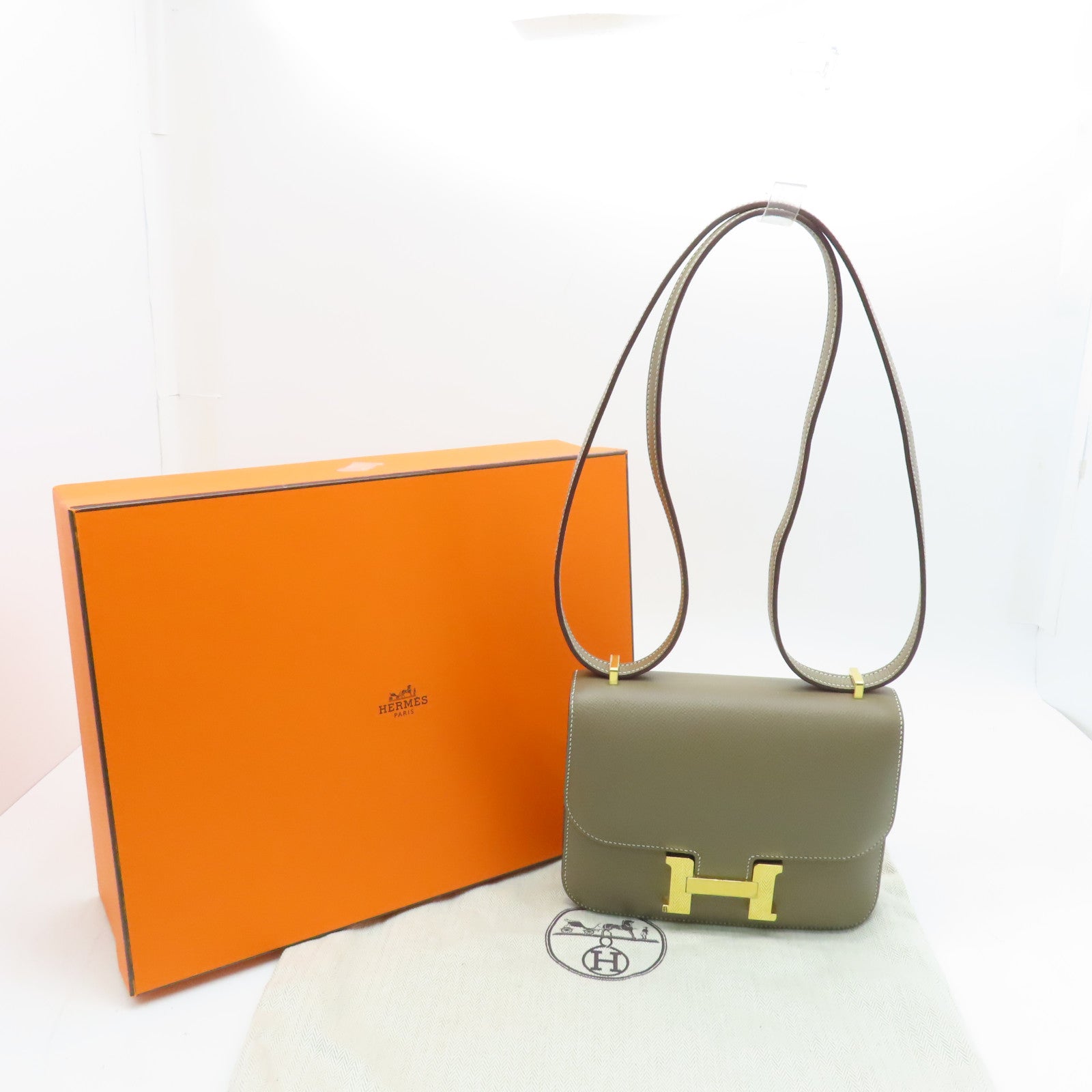HERMES 【激減優惠】Veau Epsom皮革Constance Mini金扣肩背袋大象灰