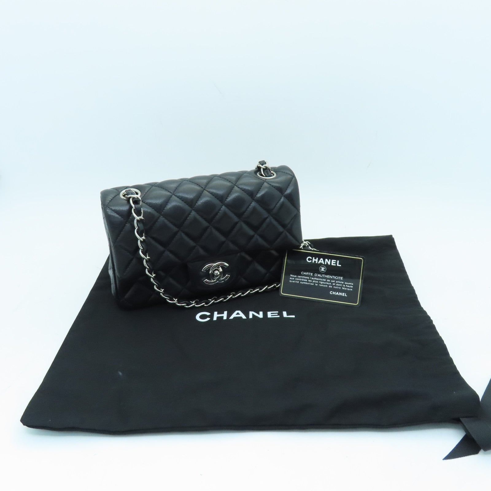 CHANEL 菱格羊皮皮革Chain Shoulder銀扣鏈帶肩背袋黑色