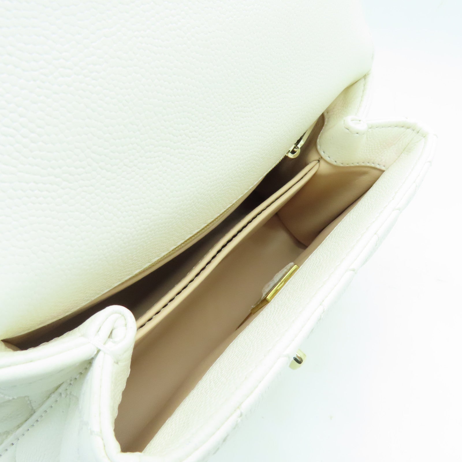 CHANEL 菱格Caviar皮革Mini Coco Handle金扣鏈帶肩背袋白色