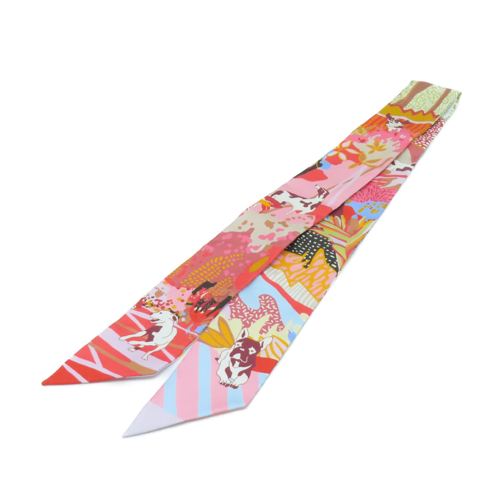 HERMES 絲質Twilly絲巾粉紅色彩色