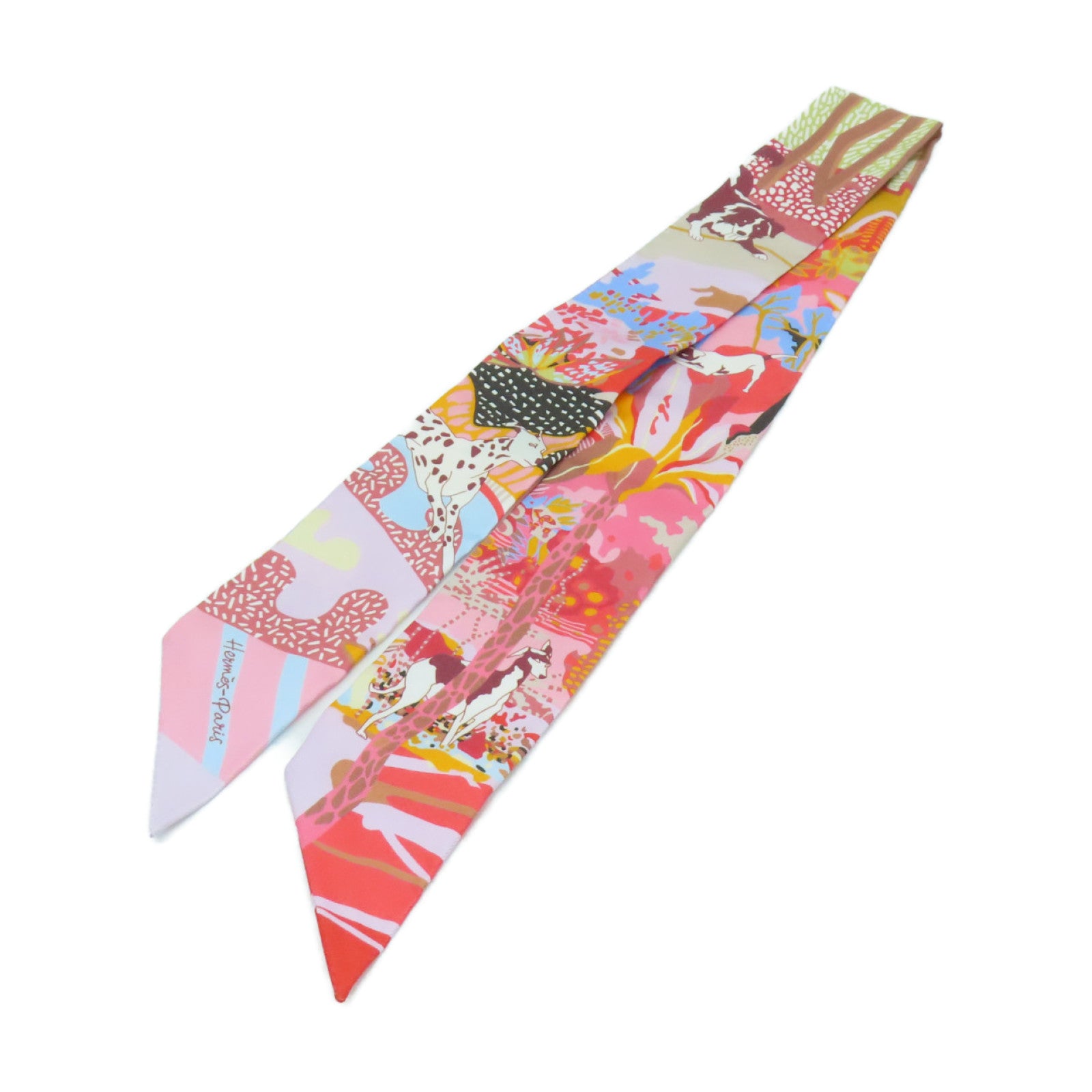 HERMES 絲質Twilly絲巾粉紅色彩色