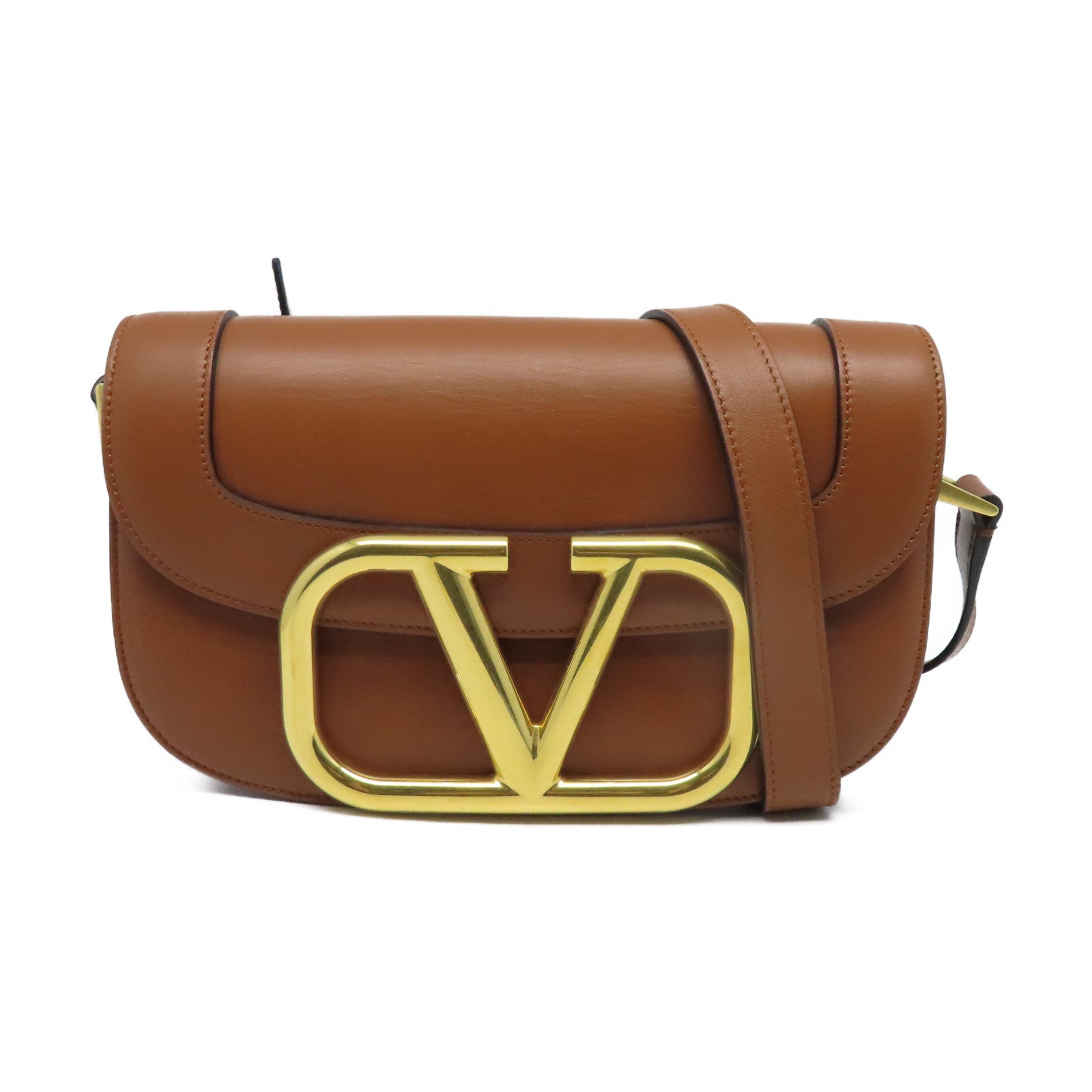 Valentino 牛皮皮革Super V Shoulder Bag金扣肩背袋棕色
