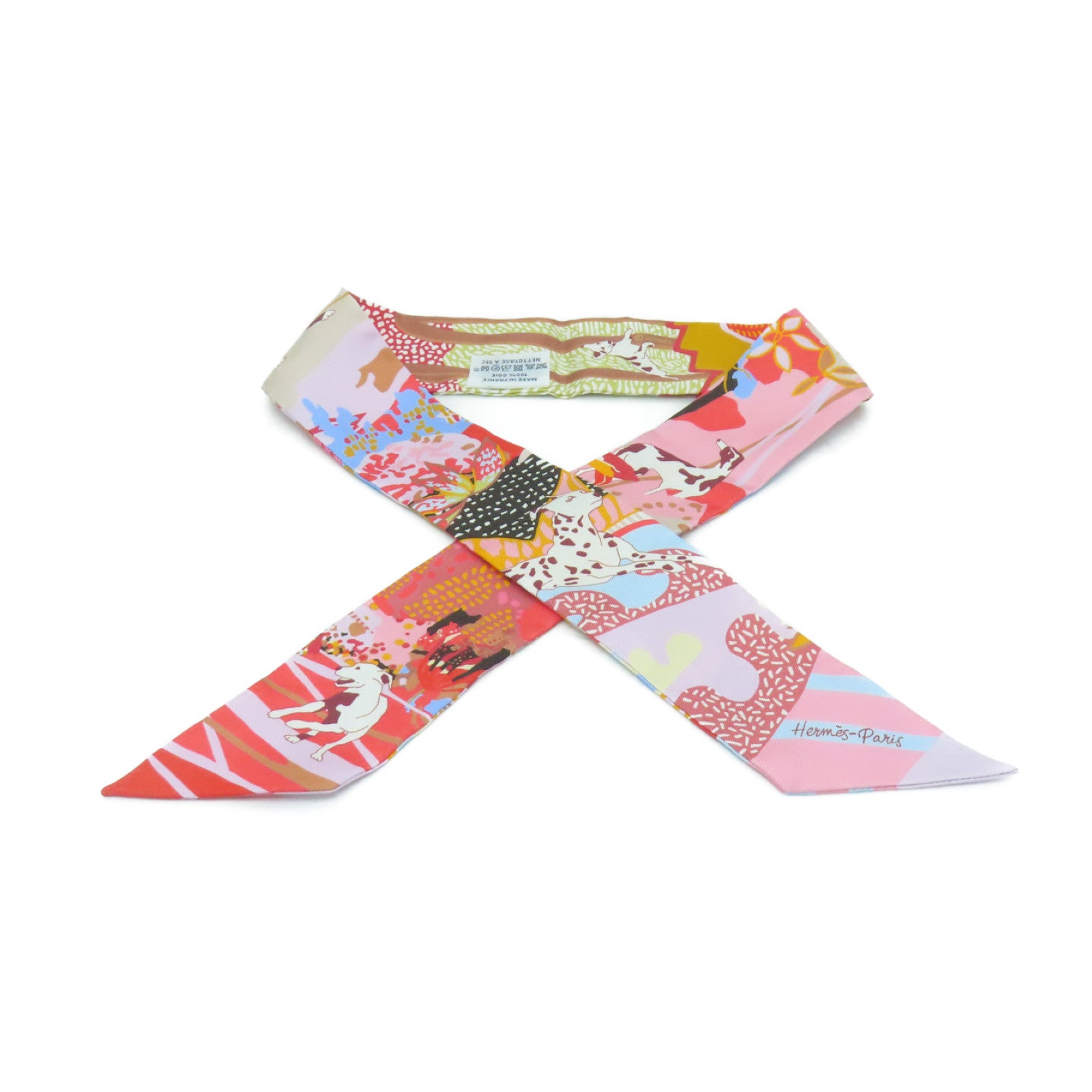 HERMES 絲質Twilly絲巾粉紅色彩色