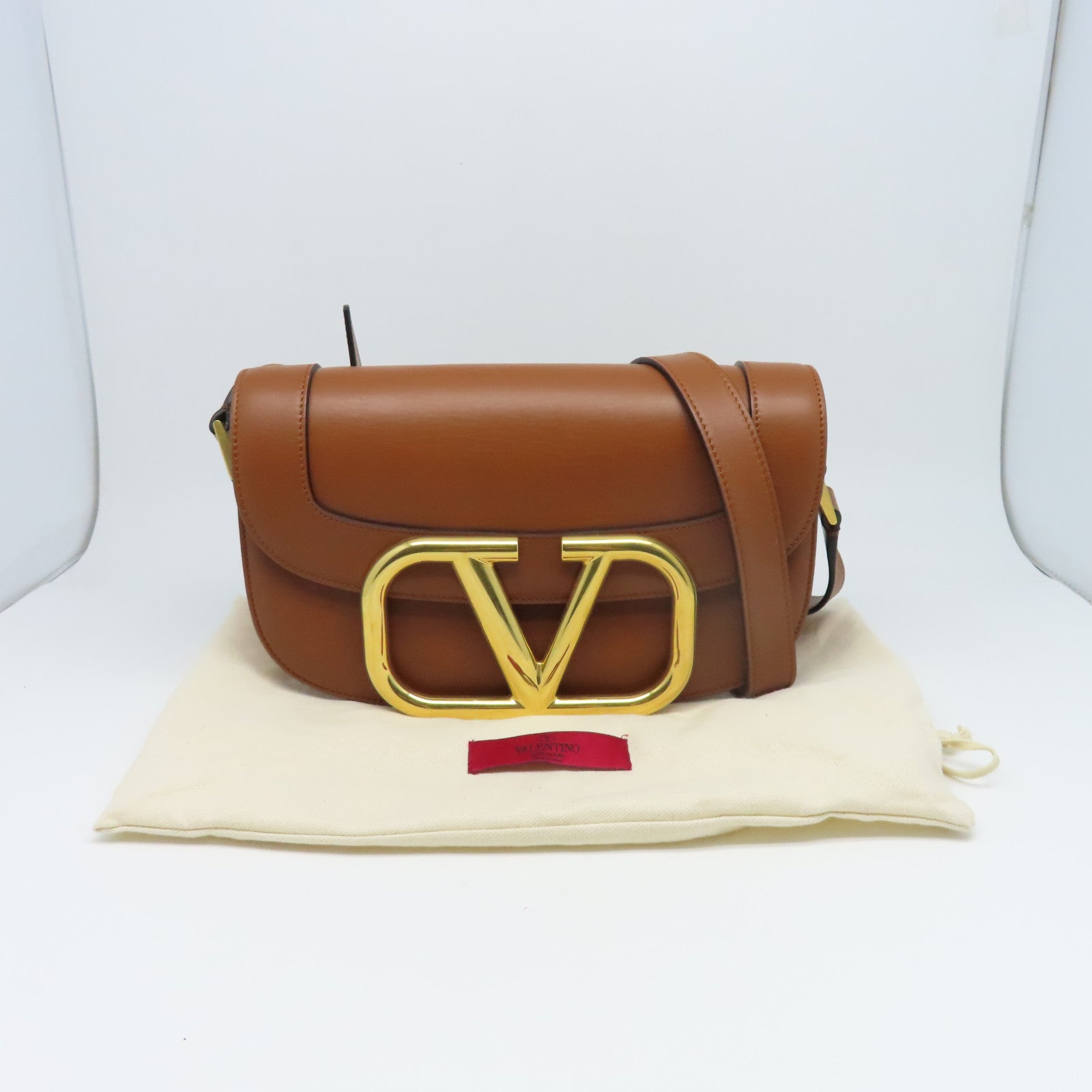 Valentino 牛皮皮革Super V Shoulder Bag金扣肩背袋棕色