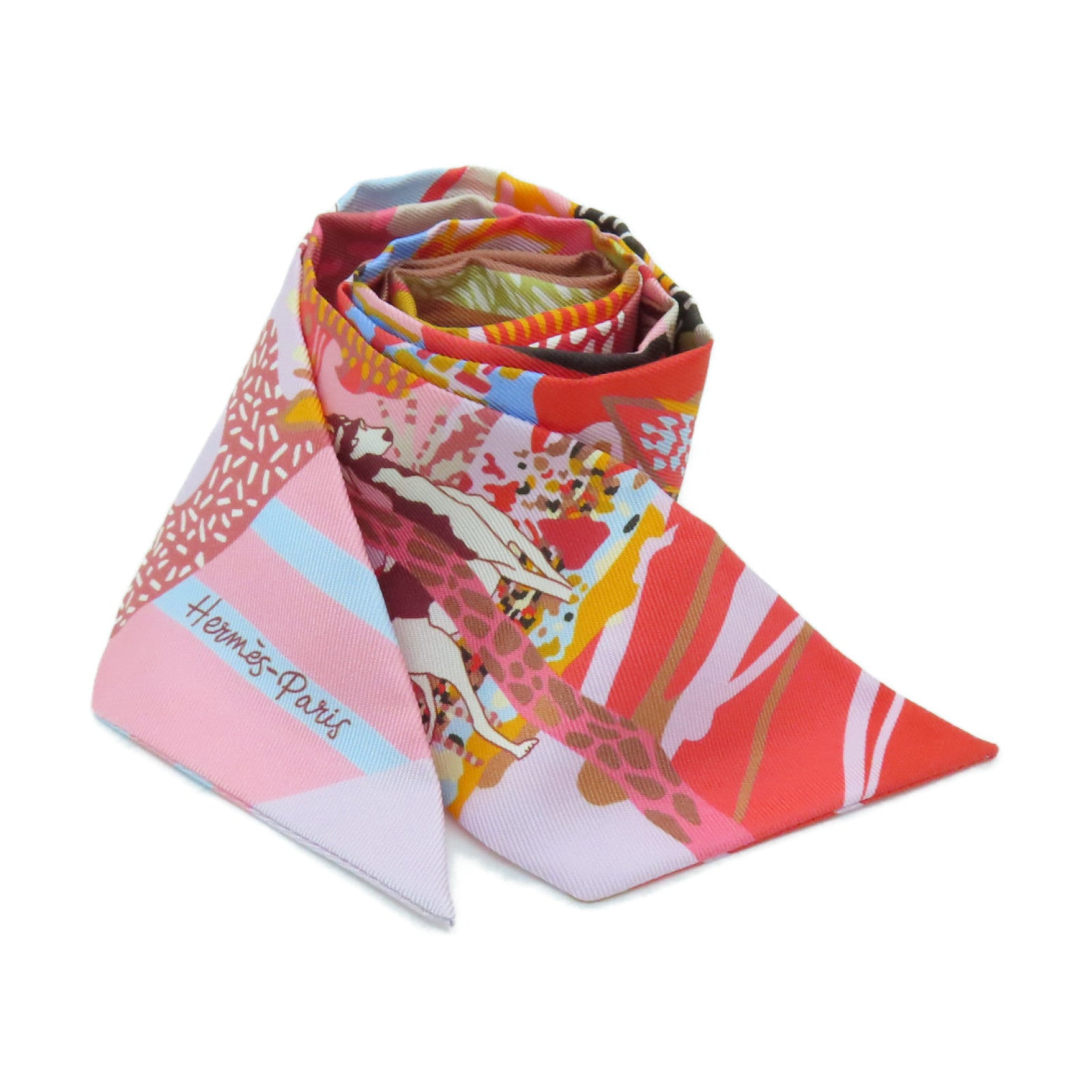 HERMES 絲質Twilly絲巾粉紅色彩色