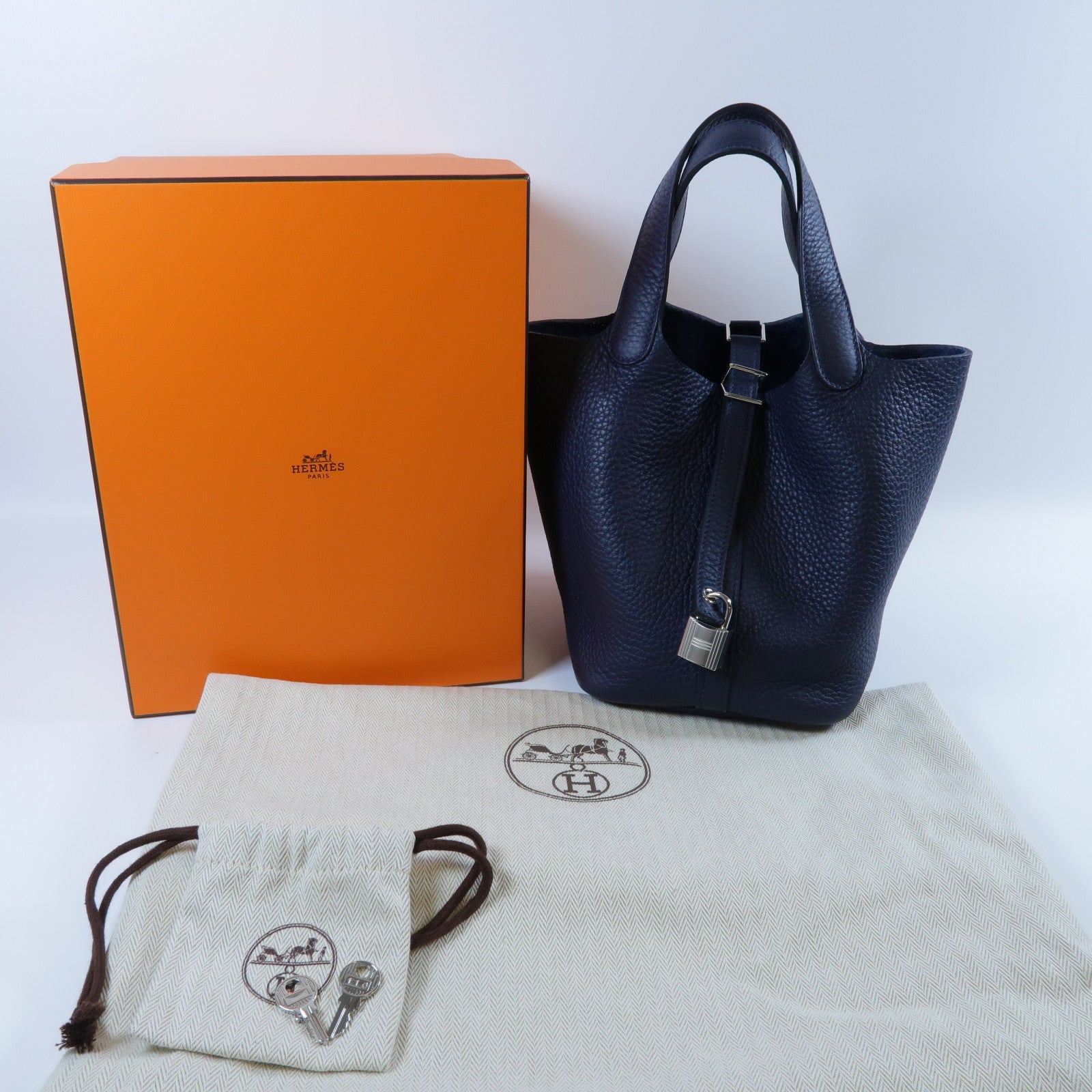 HERMES Clemence皮革Picotin PM銀扣手挽袋Bleu Nuit午夜藍色