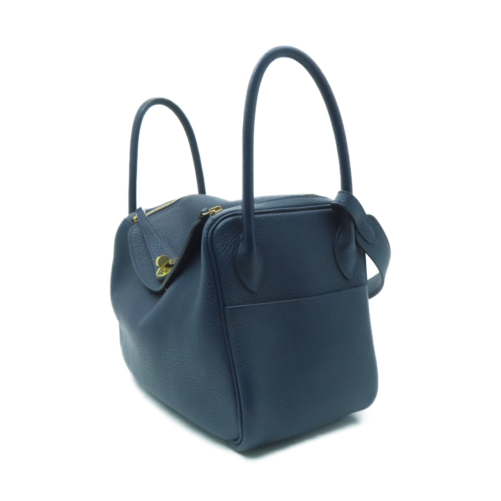 HERMES Clemence皮革Lindy 26金扣手挽肩背兩用袋Sapphire blue藍寶石色