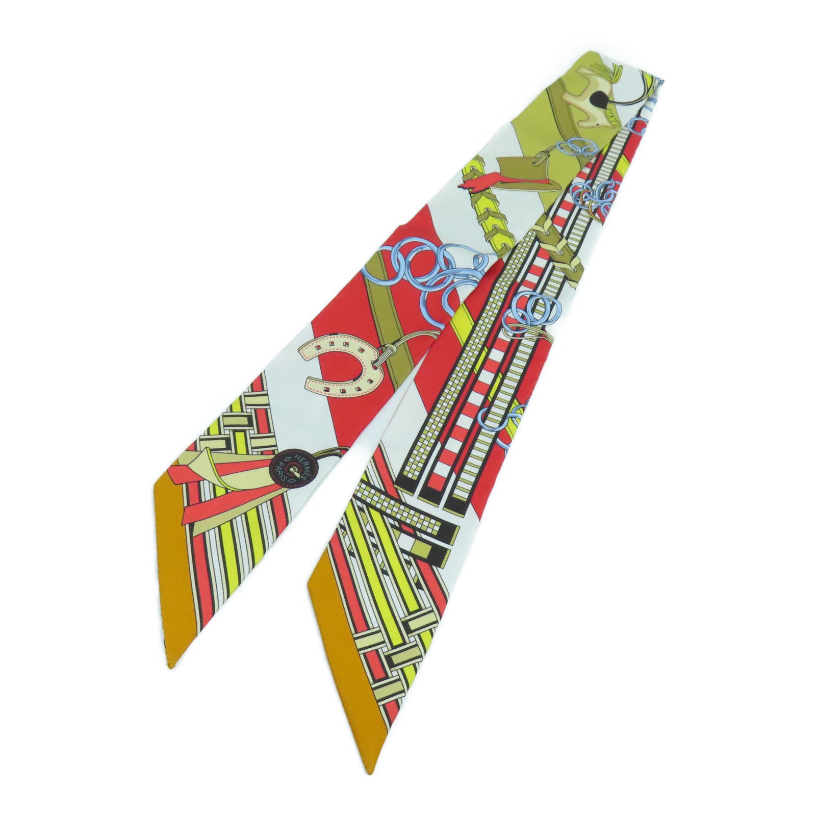 HERMES 絲質Twilly絲巾紅色/白色/金色