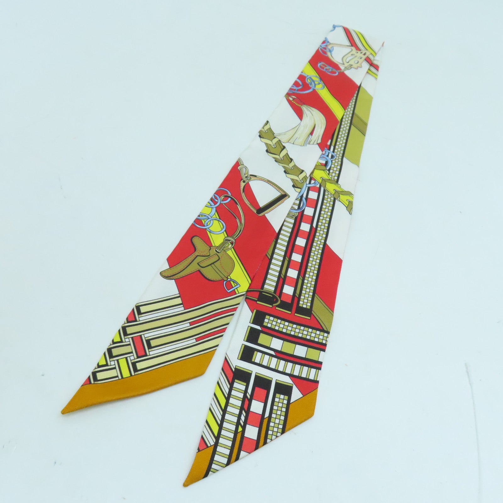 HERMES 絲質Twilly絲巾紅色/白色/金色