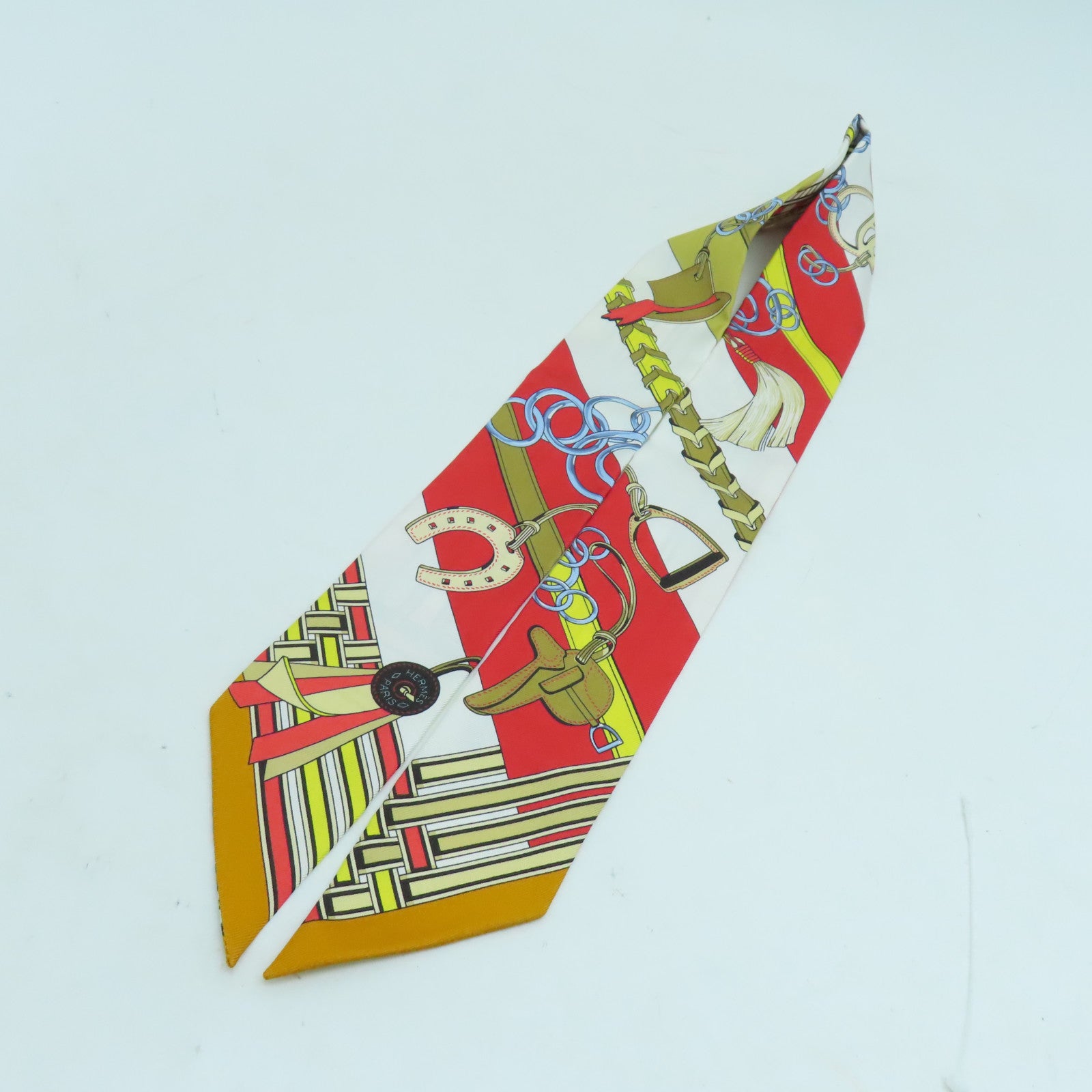 HERMES 絲質Twilly絲巾紅色/白色/金色