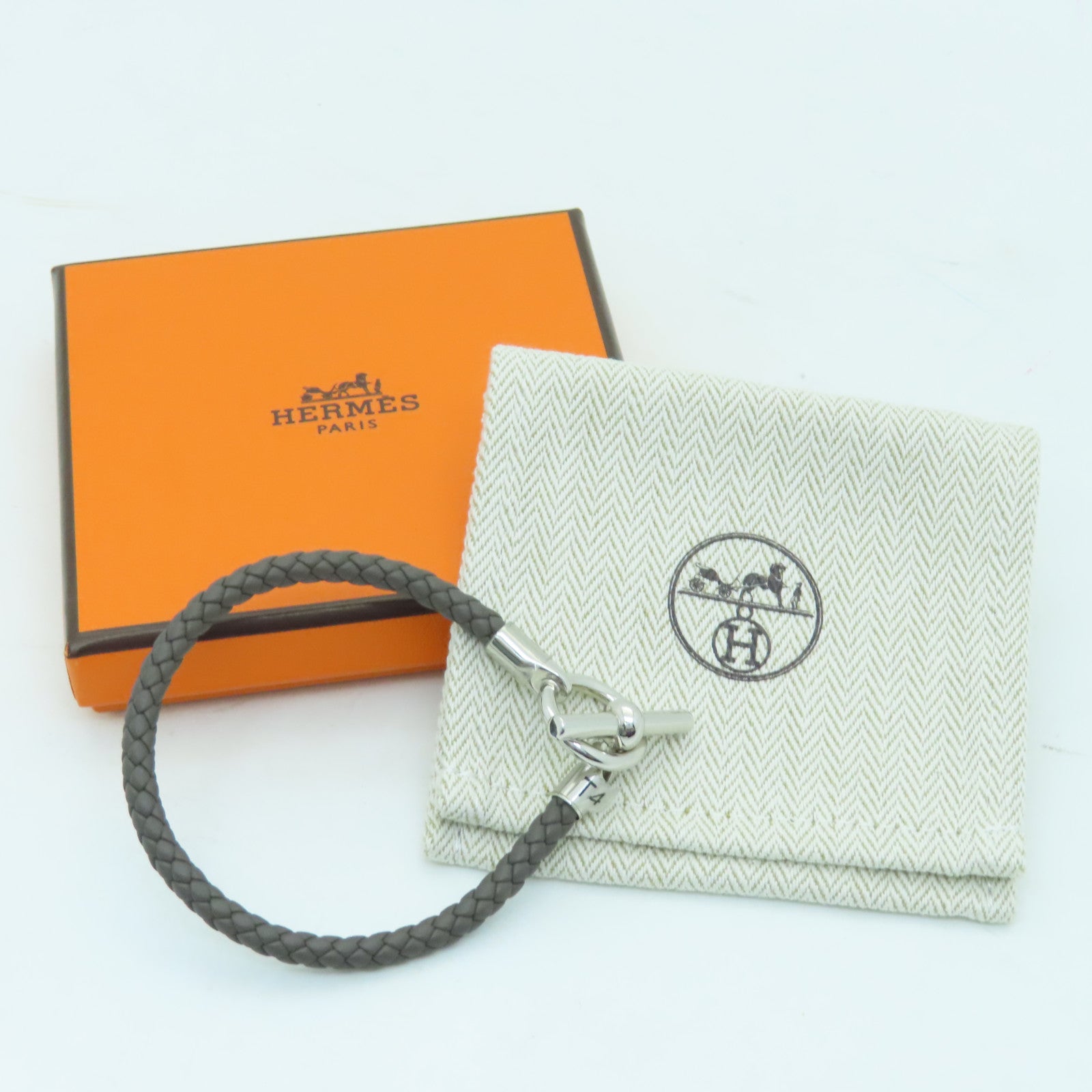HERMES Swift皮革Glenan Bracelet銀扣手鏈錫灰色#17.5cm