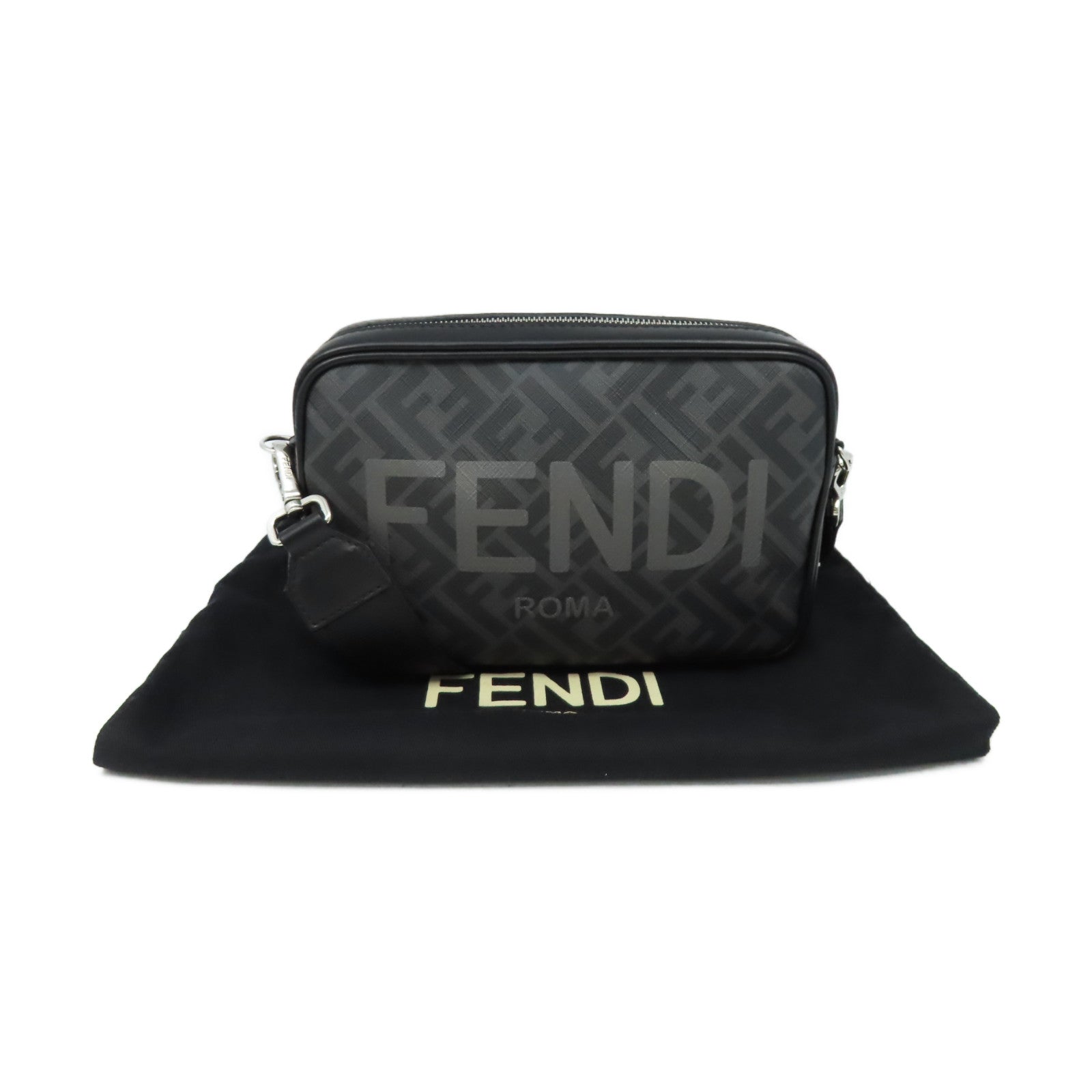 FENDI 塗層帆布Diagonal Camera Case Shoulder Bag銀扣肩背袋黑色/碳灰色