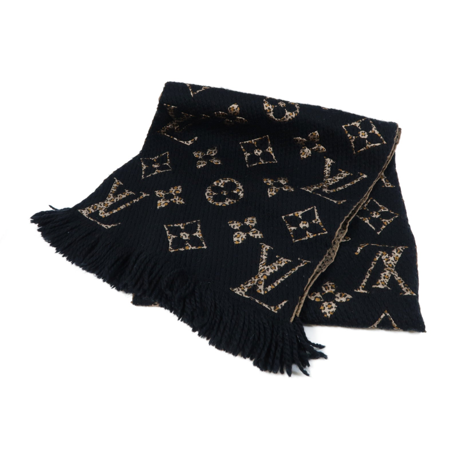 LOUIS VUITTON 羊毛/絲質Monogram Giant Jungle Logomania Scarf黑色/啡色