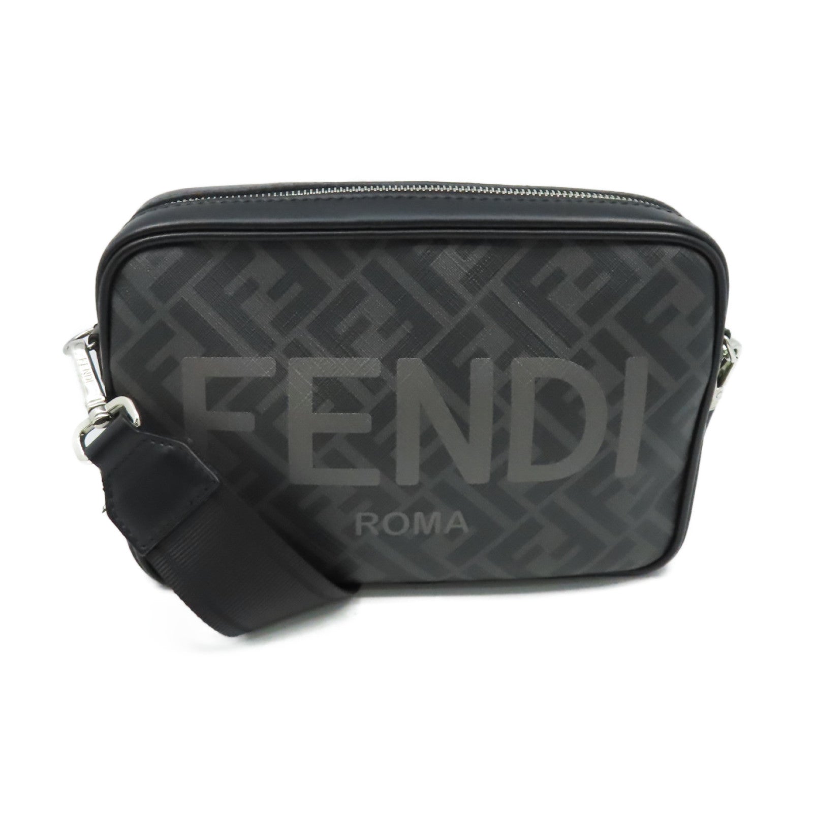 FENDI 塗層帆布Diagonal Camera Case Shoulder Bag銀扣肩背袋黑色/碳灰色