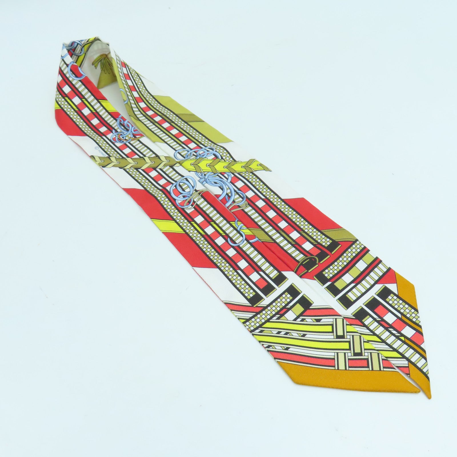 HERMES 絲質Twilly絲巾紅色/白色/金色