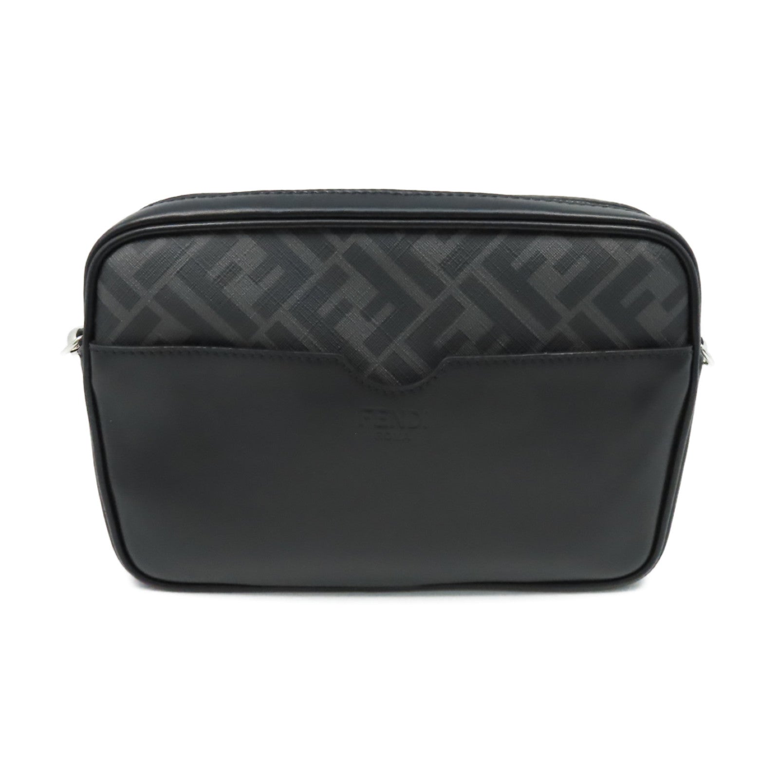 FENDI 塗層帆布Diagonal Camera Case Shoulder Bag銀扣肩背袋黑色/碳灰色