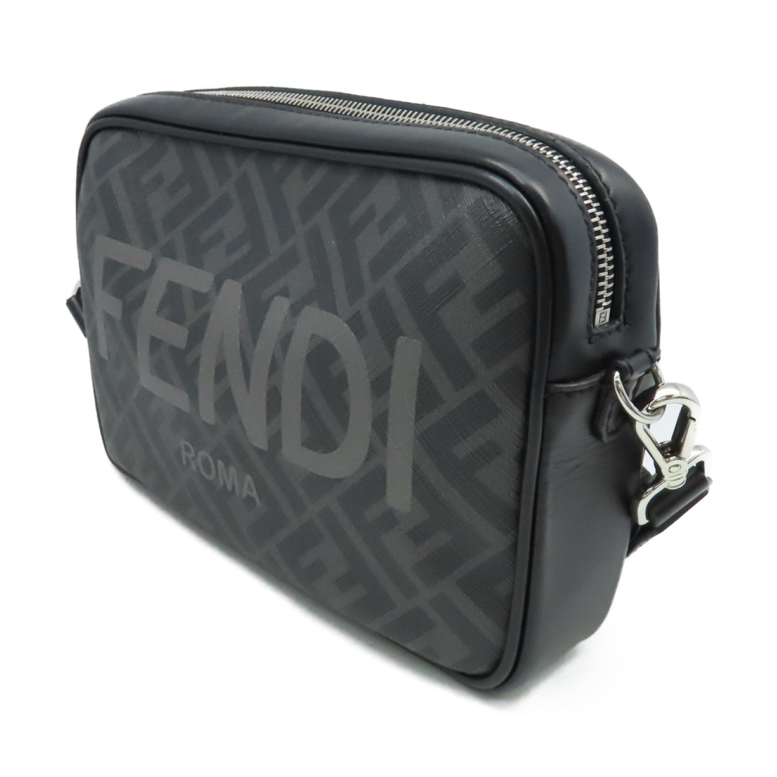 FENDI 塗層帆布Diagonal Camera Case Shoulder Bag銀扣肩背袋黑色/碳灰色