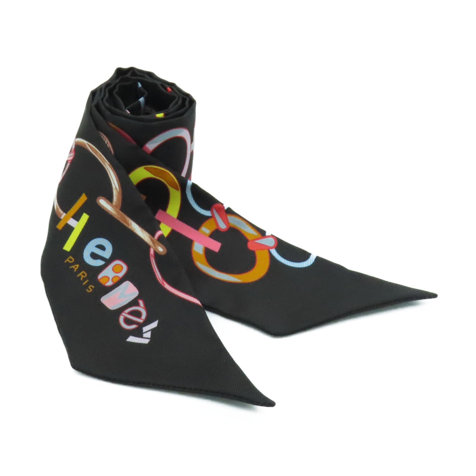 HERMES Silk Twilly Scarf Black Color