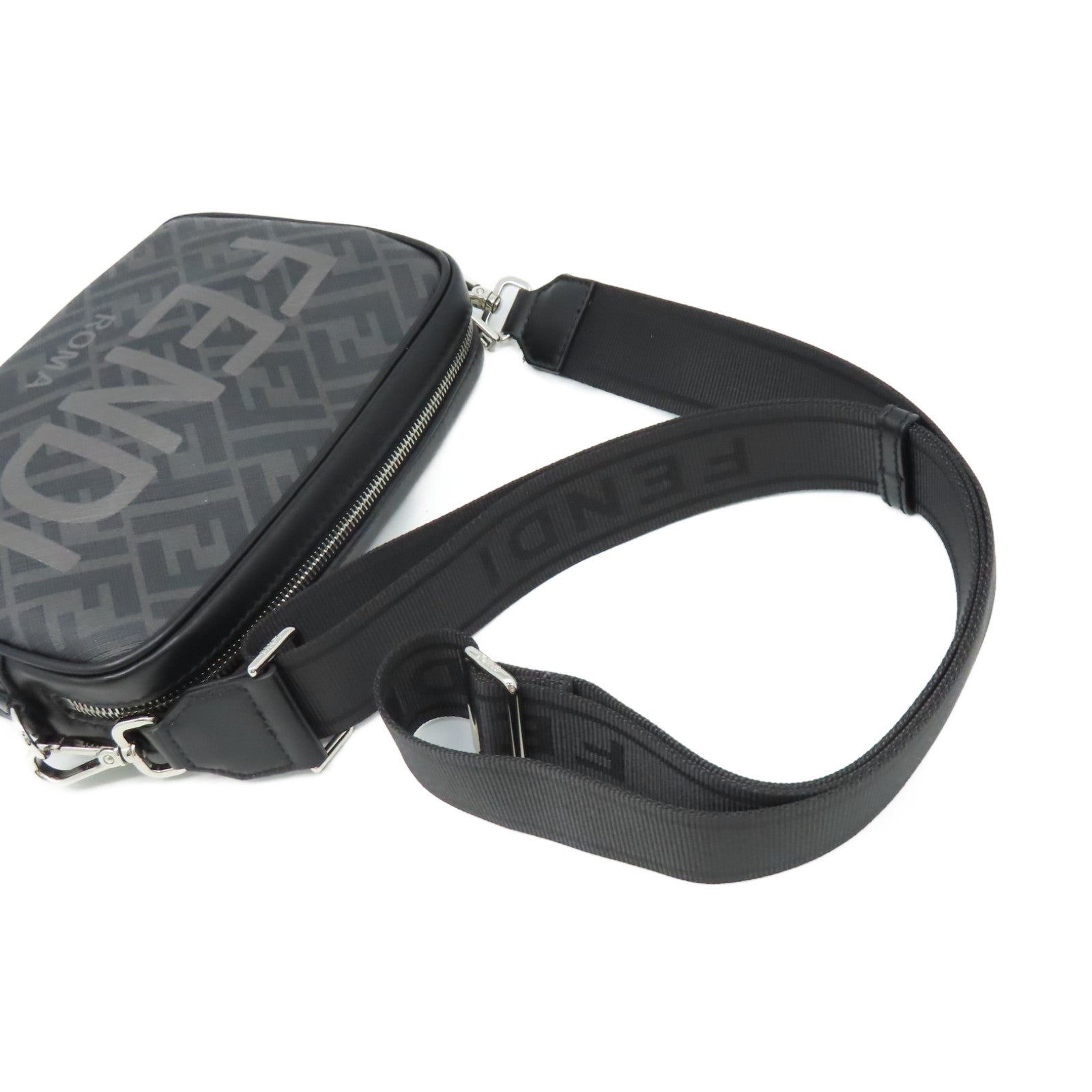FENDI 塗層帆布Diagonal Camera Case Shoulder Bag銀扣肩背袋黑色/碳灰色