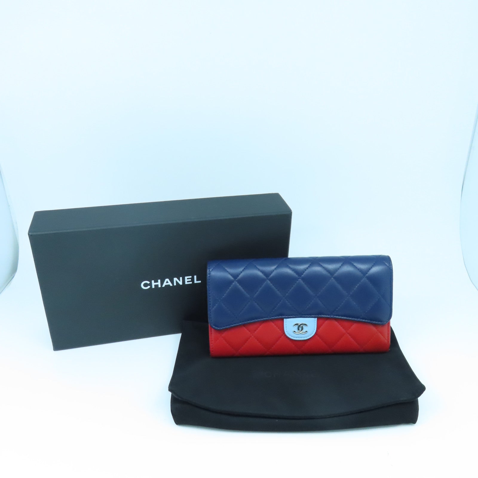 CHANEL 菱格牛皮皮革Long Wallet银扣长钱包红色蓝色