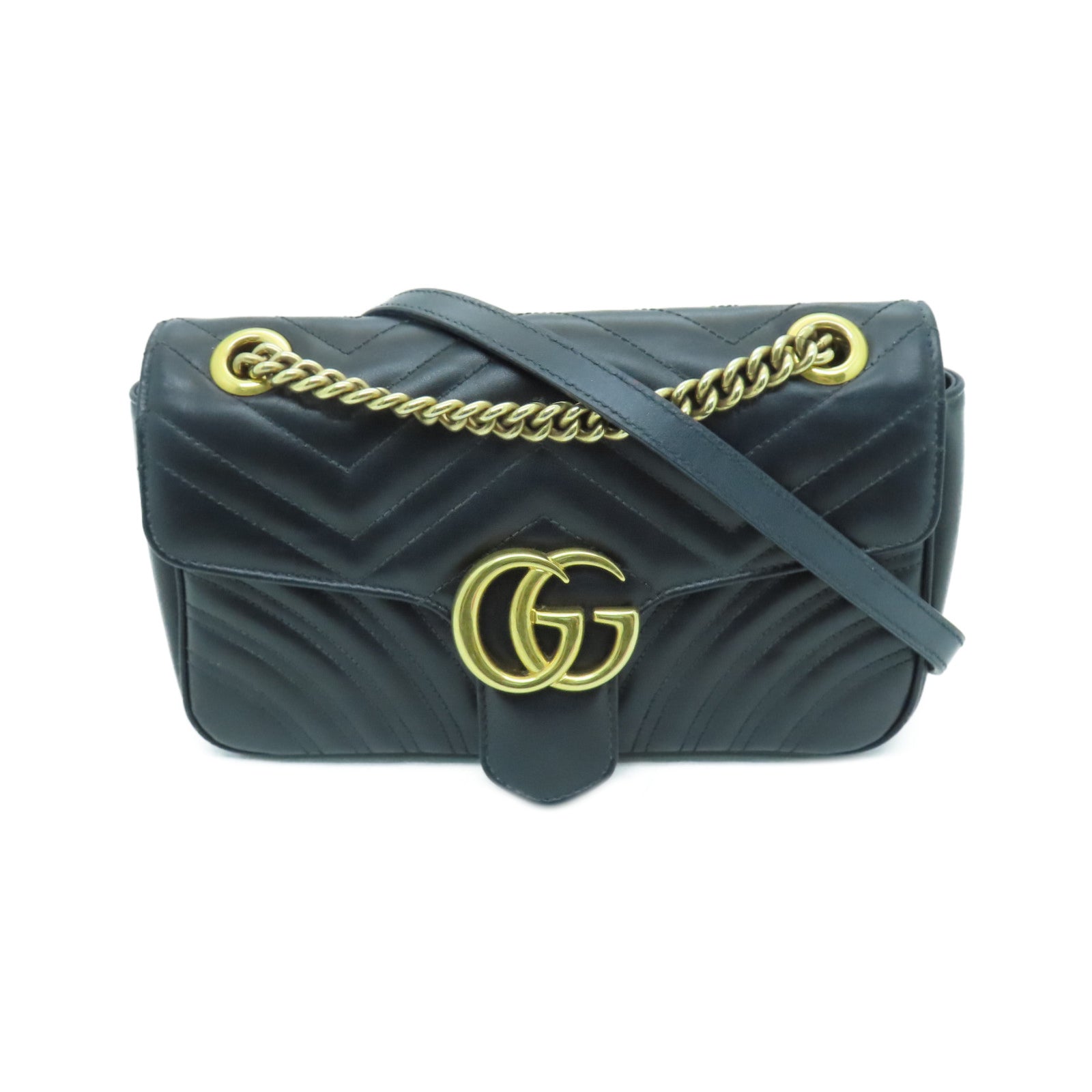 GUCCI 牛皮皮革GG Marmont金扣鏈帶肩背袋黑色