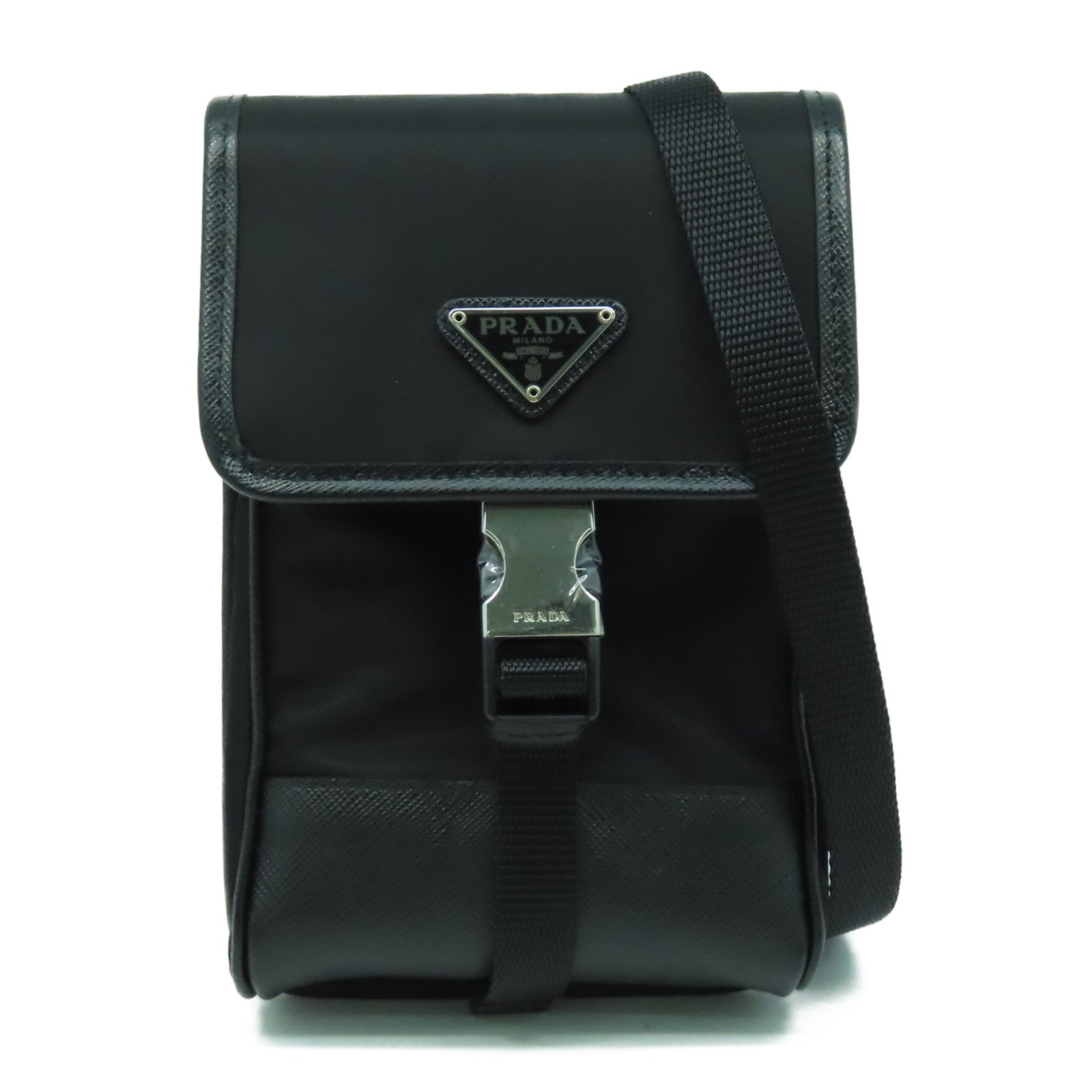 PRADA 尼龍/Saffiano皮革Shoulder Bag銀扣肩背袋黑色