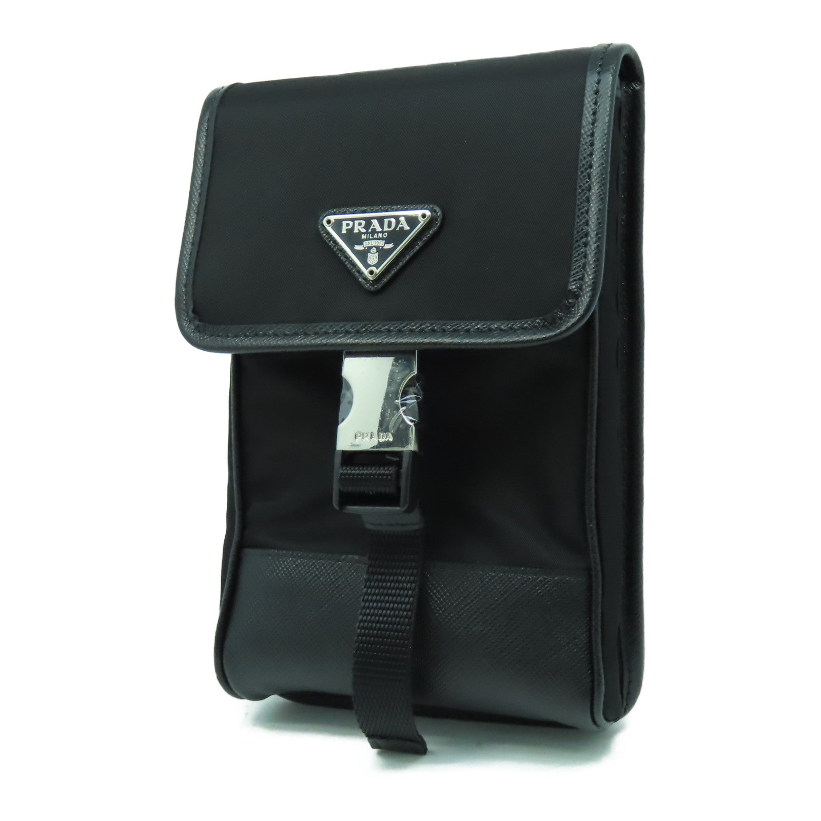 PRADA 尼龍/Saffiano皮革Shoulder Bag銀扣肩背袋黑色