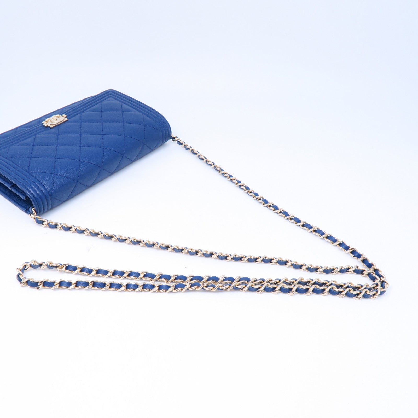 CHANEL 菱格牛皮皮革Wallet On Chain金扣肩背袋藍色