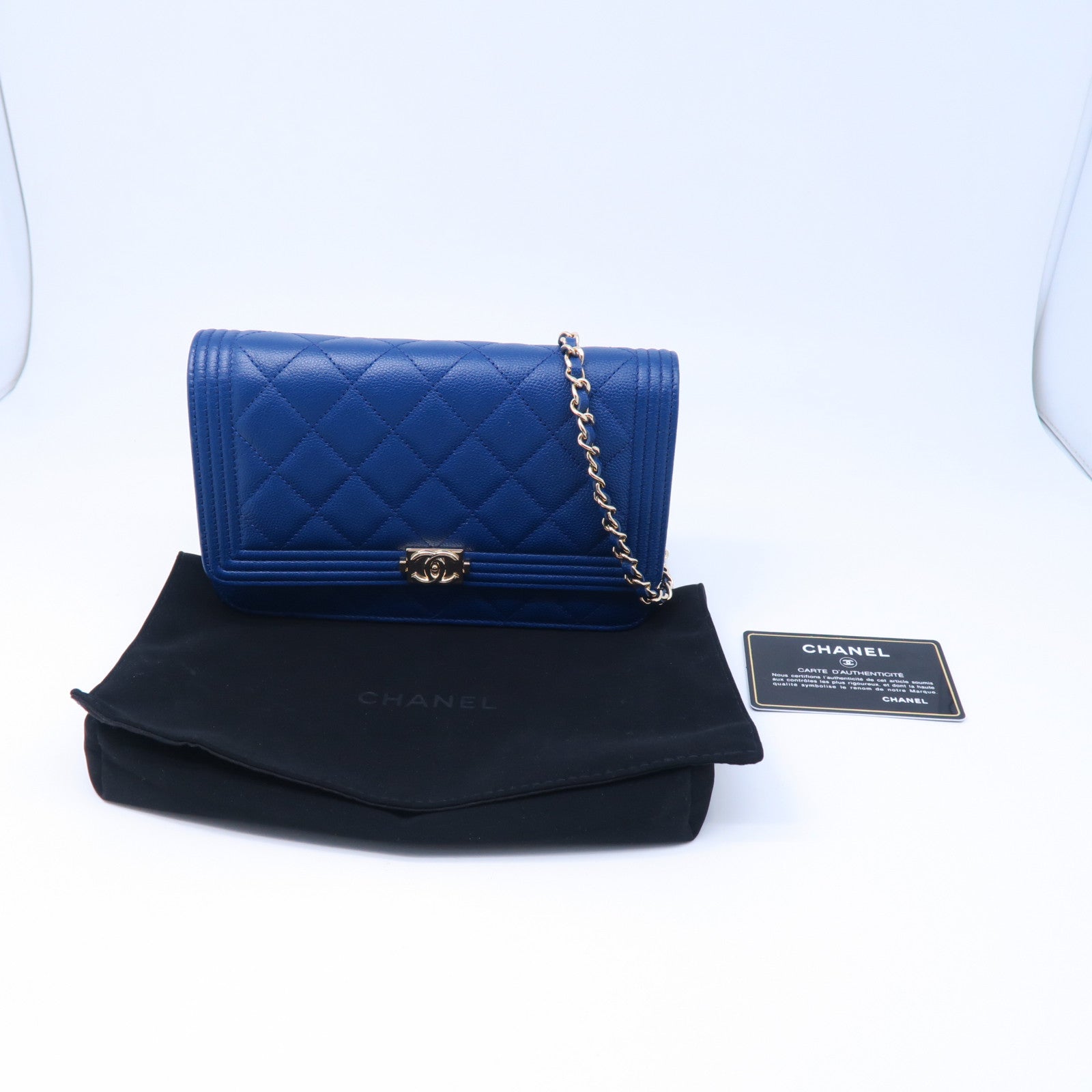 CHANEL 菱格牛皮皮革Wallet On Chain金扣肩背袋藍色