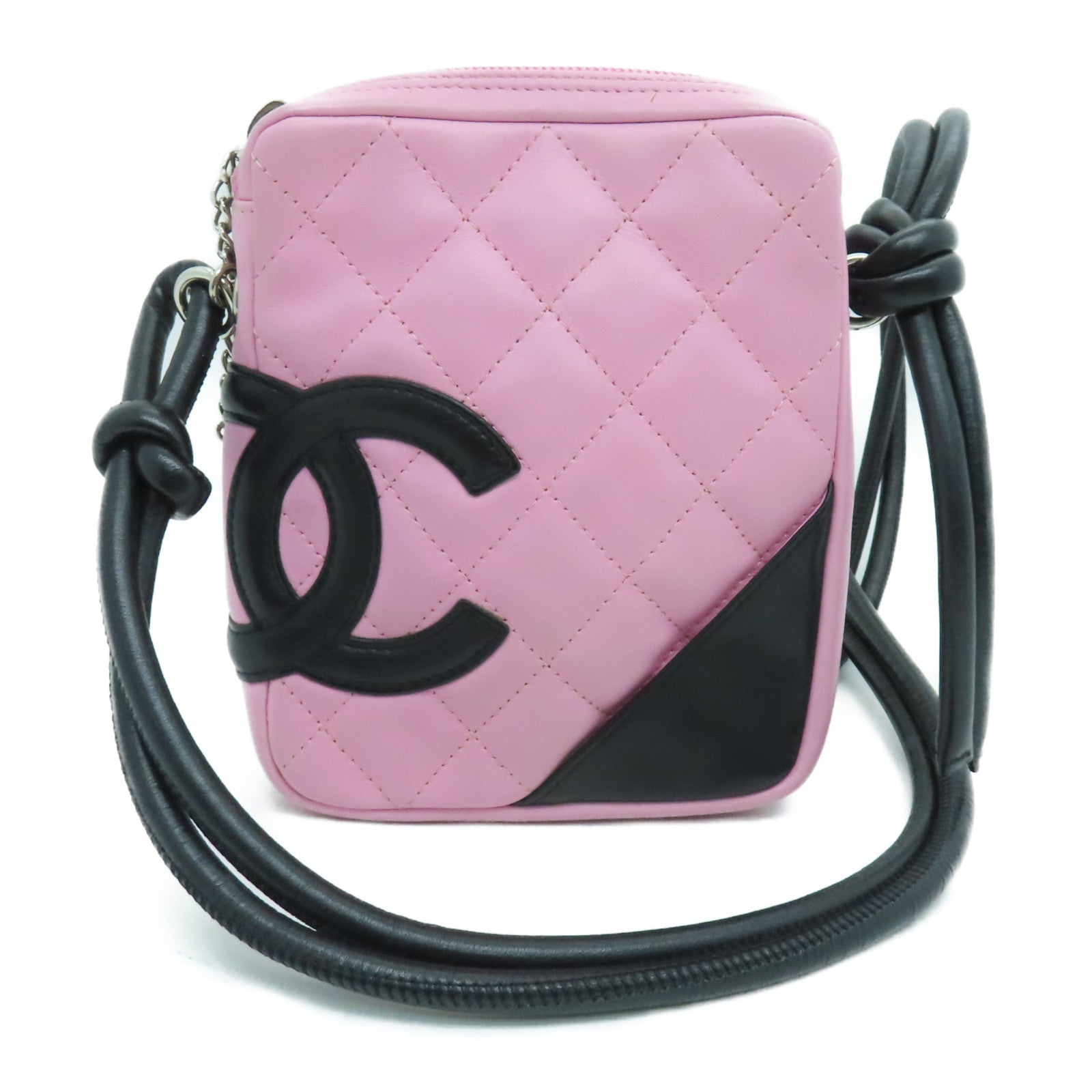 CHANEL 菱格牛皮皮革Cambom Crossbody Bag銀扣肩背袋粉紅色