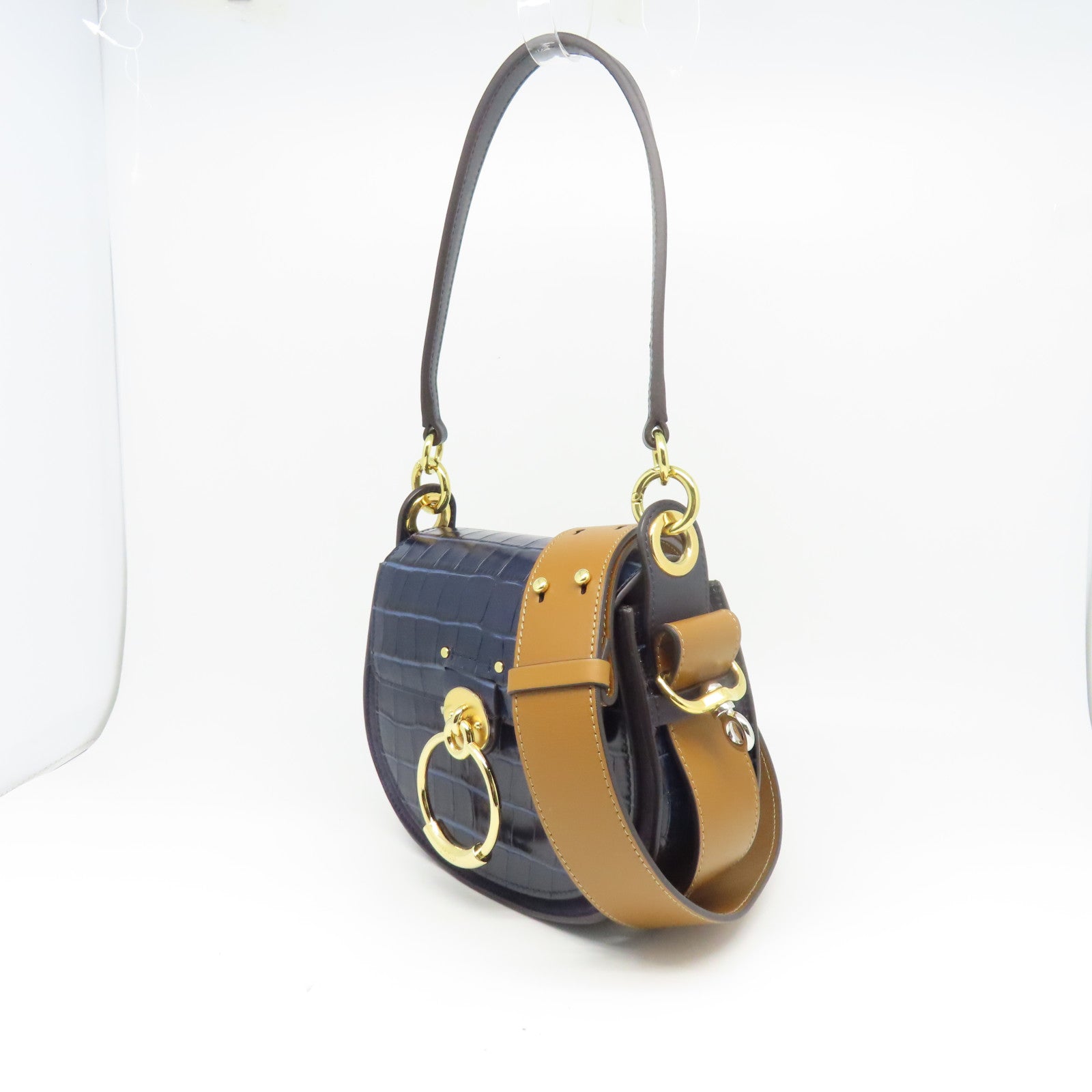 Chloe 牛皮皮革Shoulder Bag金扣肩背袋藍色/棕色