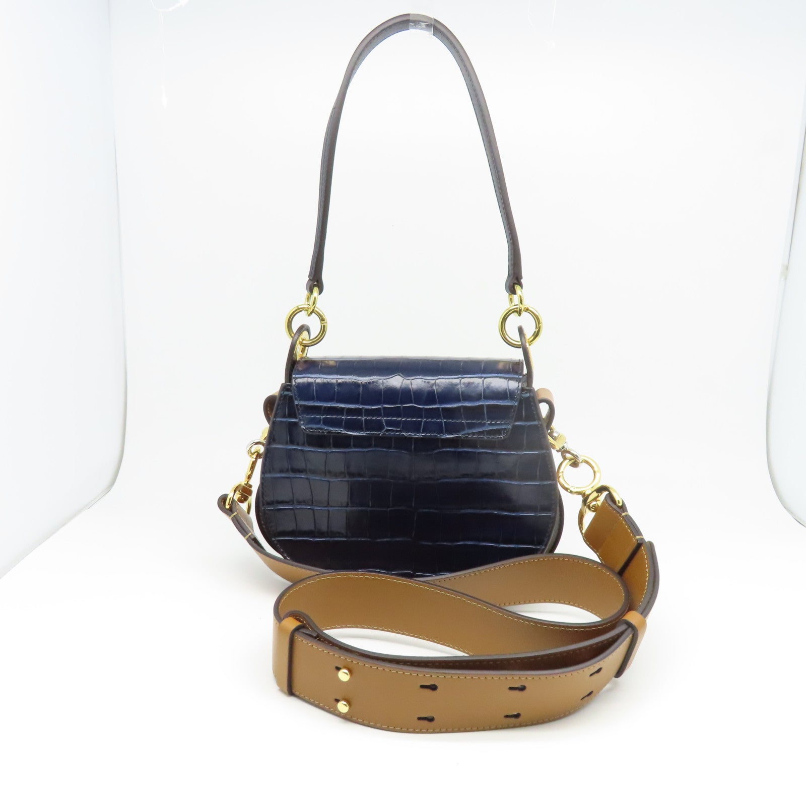 Chloe 牛皮皮革Shoulder Bag金扣肩背袋藍色/棕色