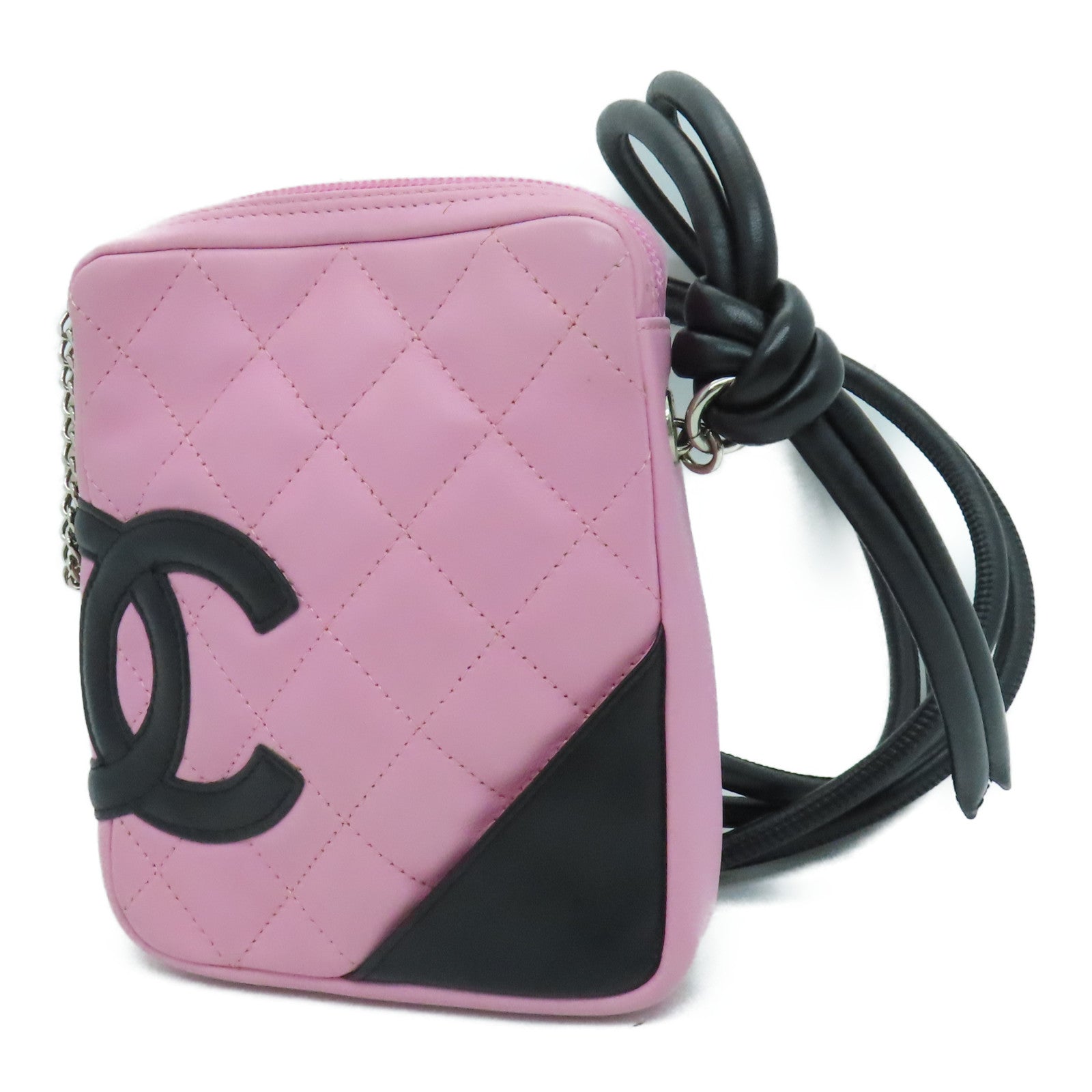 CHANEL 菱格牛皮皮革Cambom Crossbody Bag銀扣肩背袋粉紅色