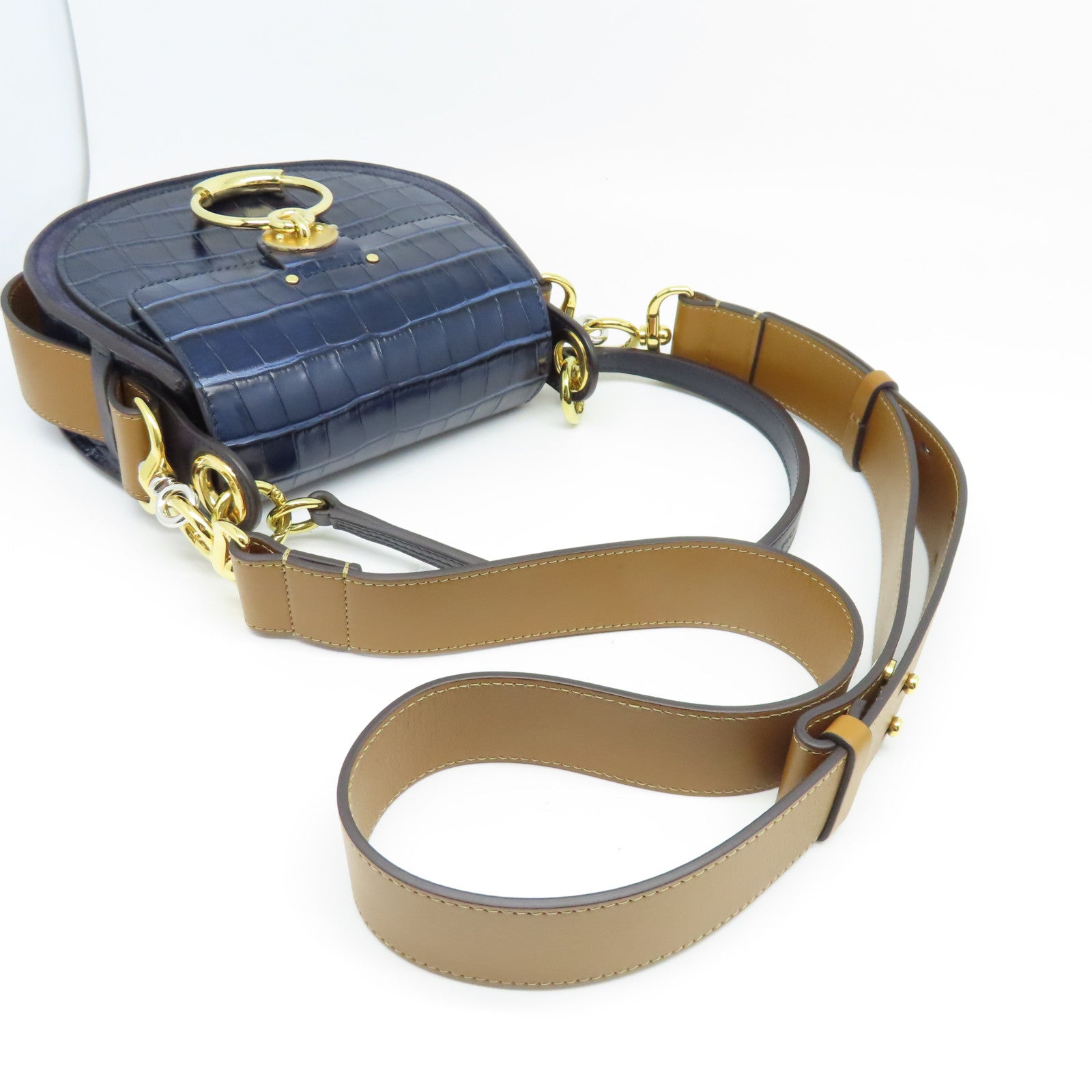 Chloe 牛皮皮革Shoulder Bag金扣肩背袋藍色/棕色