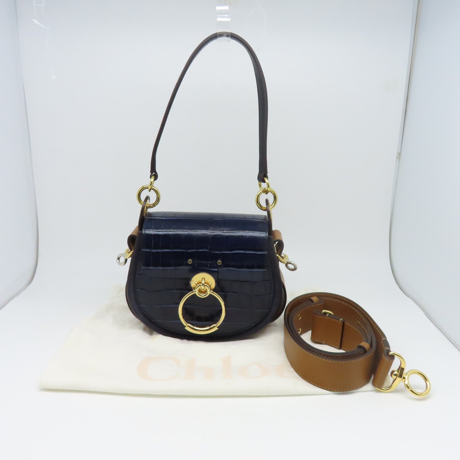 Chloe 牛皮皮革Shoulder Bag金扣肩背袋藍色/棕色