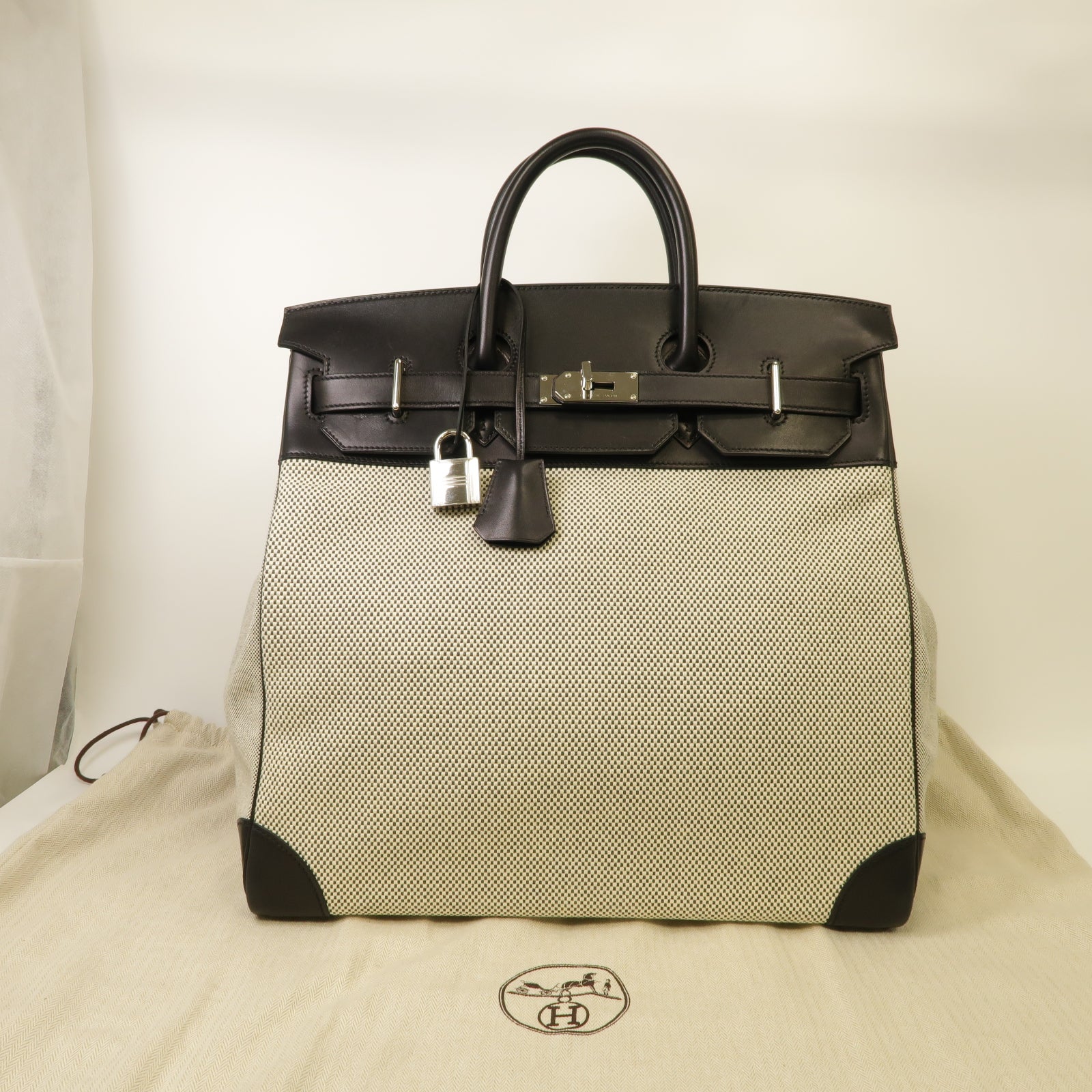 HERMES 帆布/Evercalf皮革Haut a Courroies銀扣手挽袋/旅行袋黑色/米色