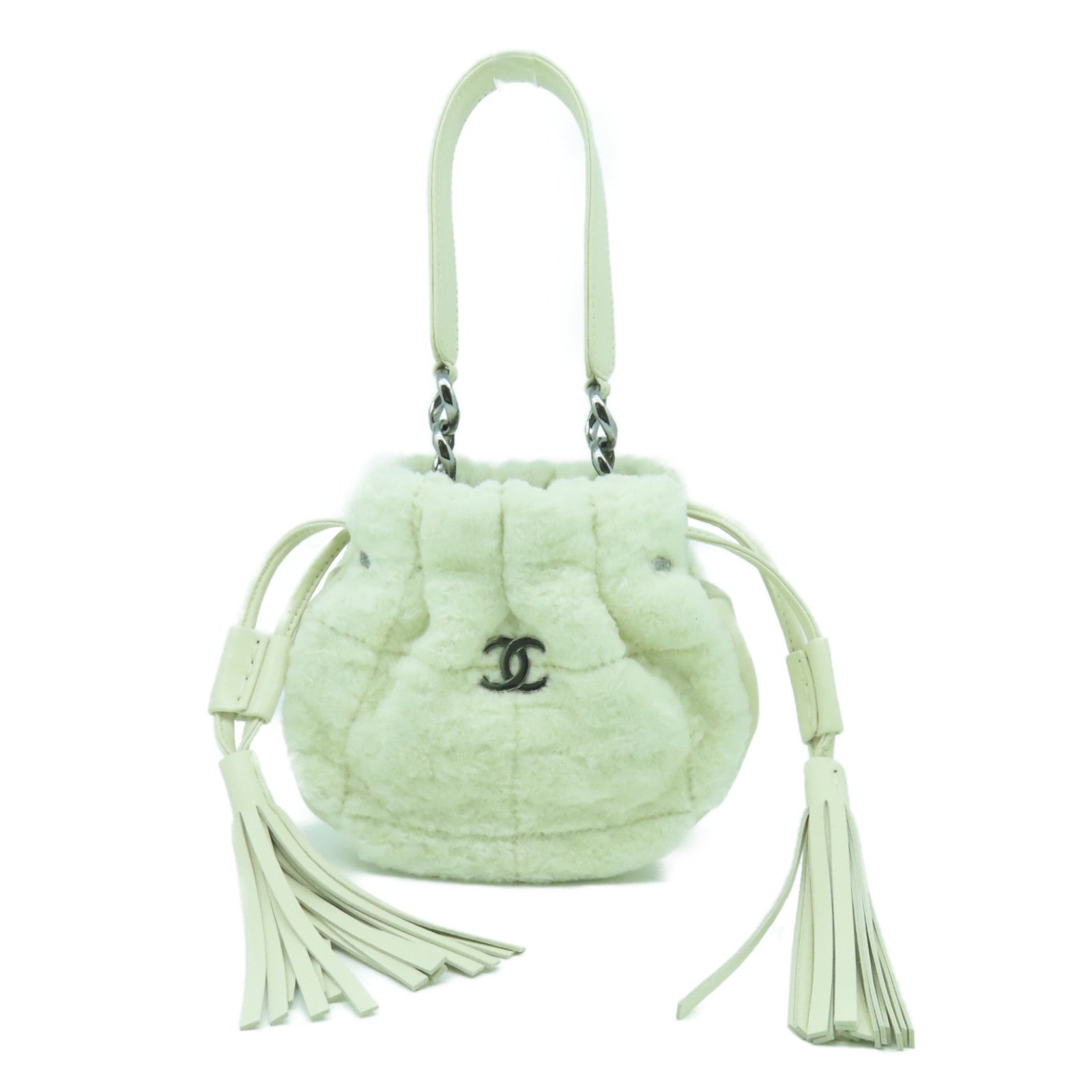 CHANEL 毛茸/皮革Hand Bag銀扣手挽袋白色