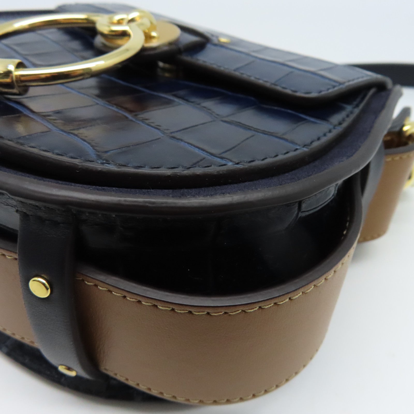 Chloe 牛皮皮革Shoulder Bag金扣肩背袋藍色/棕色