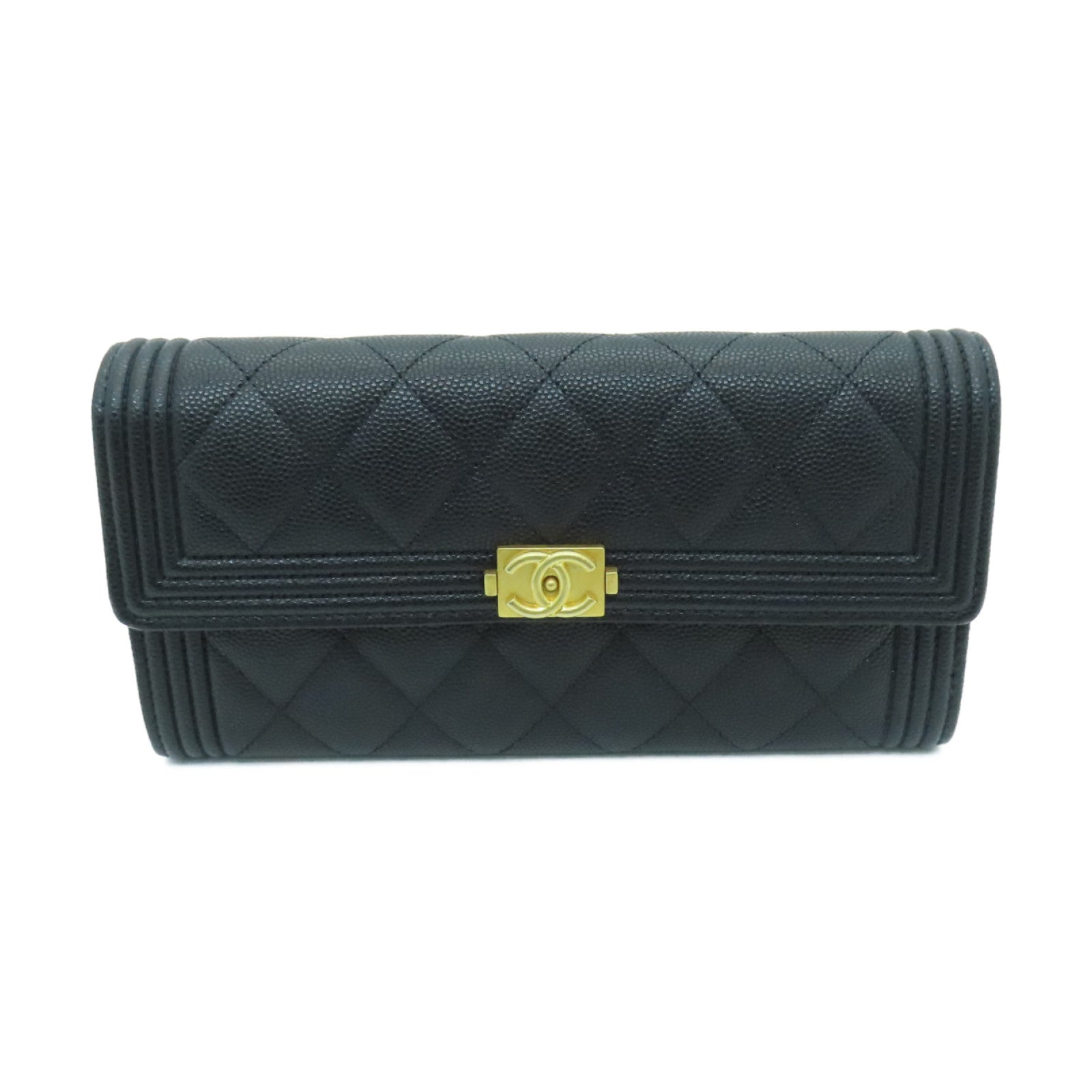 CHANEL 菱格Caviar皮革Boy Long Wallet金扣長錢包黑色