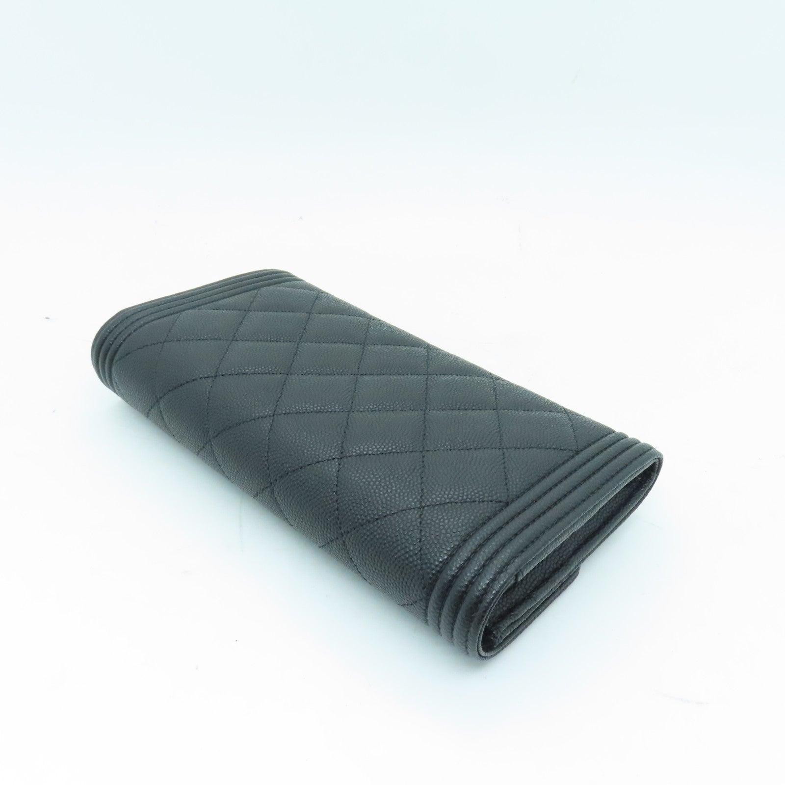 CHANEL 菱格Caviar皮革Boy Long Wallet金扣長錢包黑色